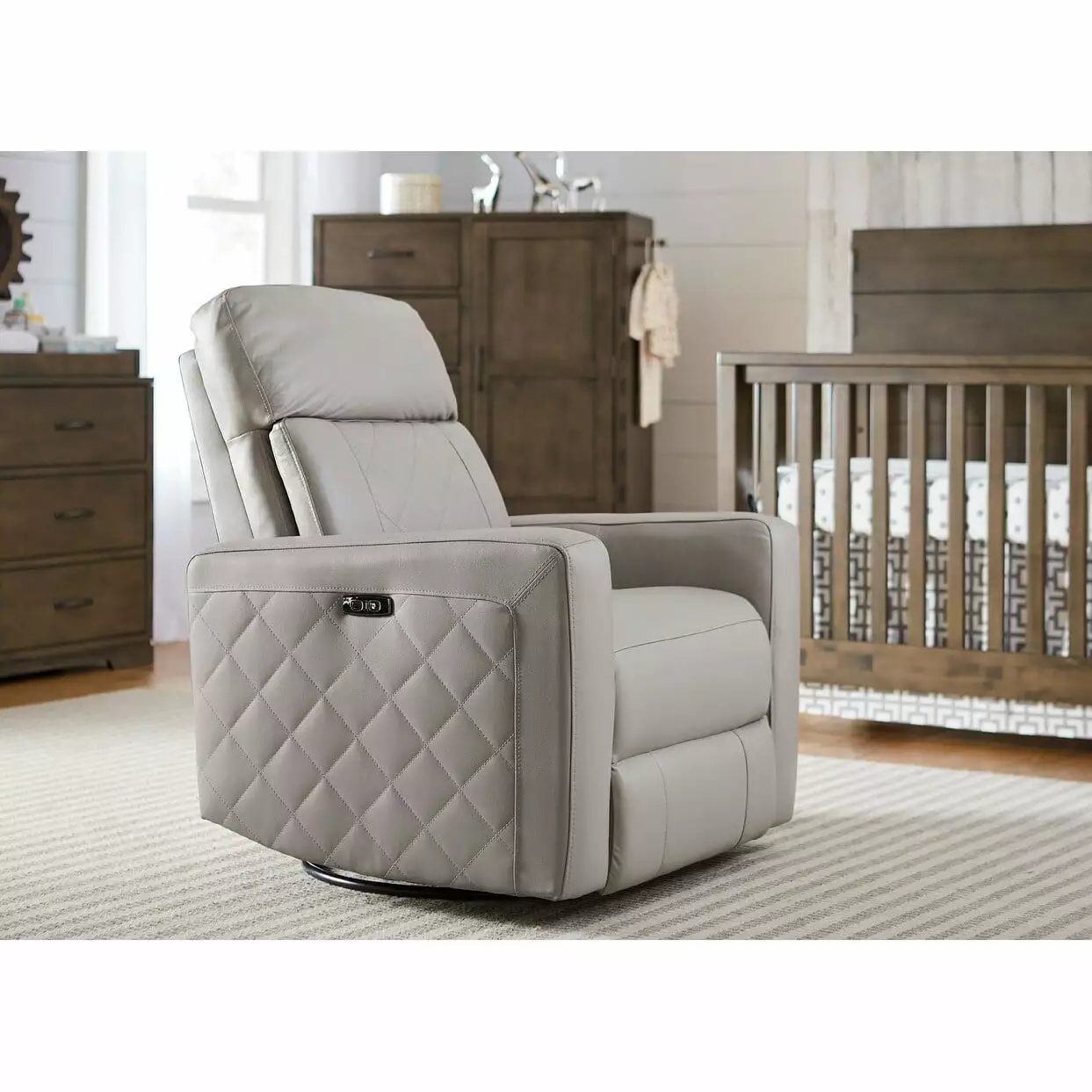 Westwood Design Soho Wood Leather Power-USB Glider Recliner Cloud Gray
