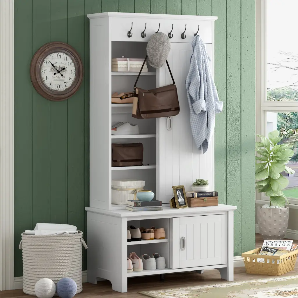 Multifunctional Wooden Hall Tree Sliding Doors Shoe Cabinet Entryway on-trend