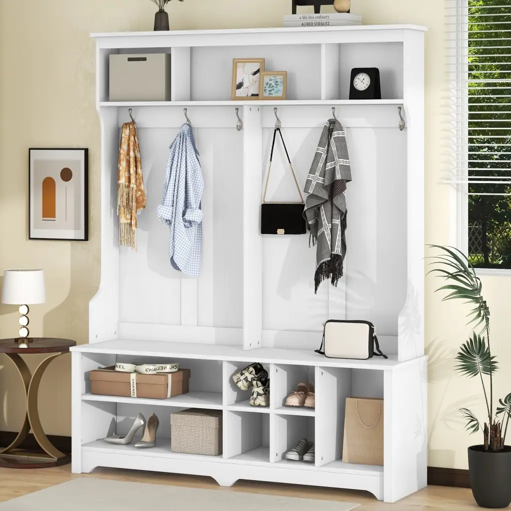 Modern Hallway Hall Tree Metal Hooks and Storage Space Multi Functional magic more