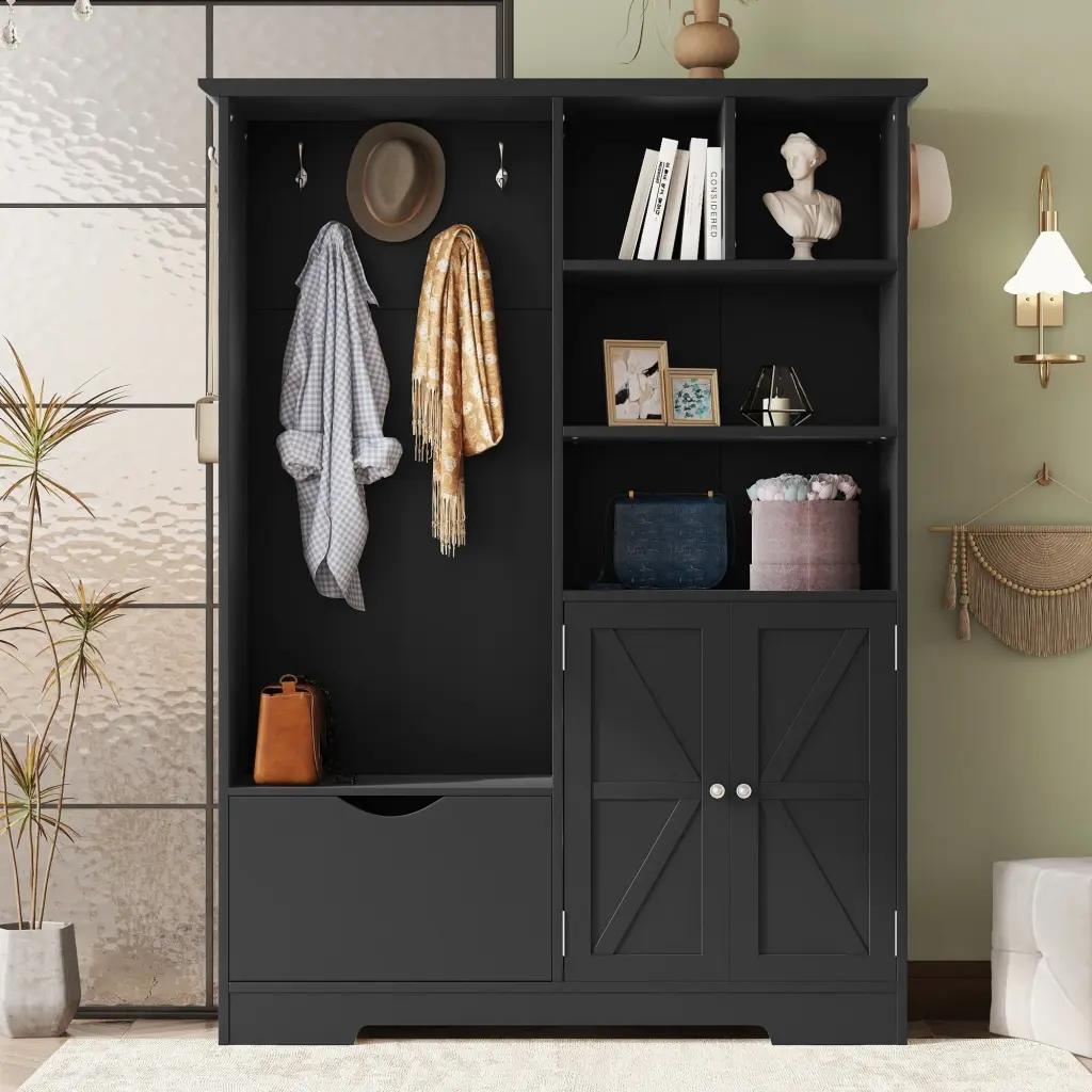 Multi Practical Hall Tree Storage Shelves Drawers and Cabinet magic more