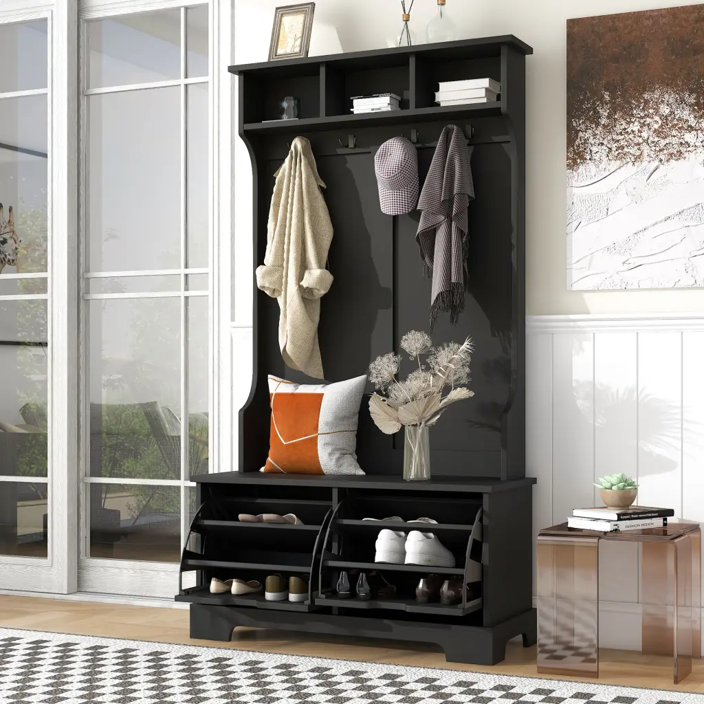 All One Hall Tree 3 Top Shelves And 2 Flip Shoe Storage Drawers on-trend