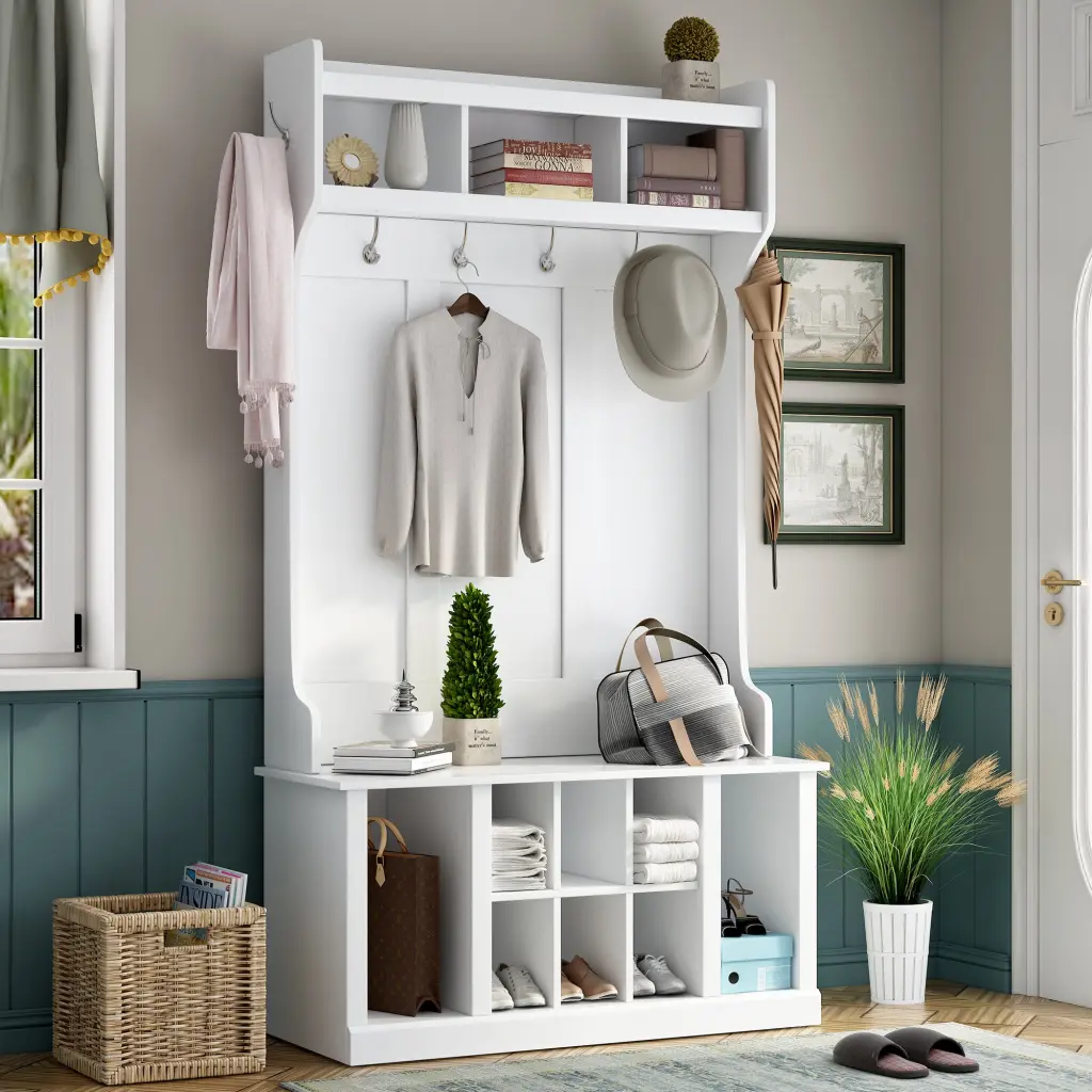 Hall Tree 6 Hooks, Entryway Bench and Storage u-can