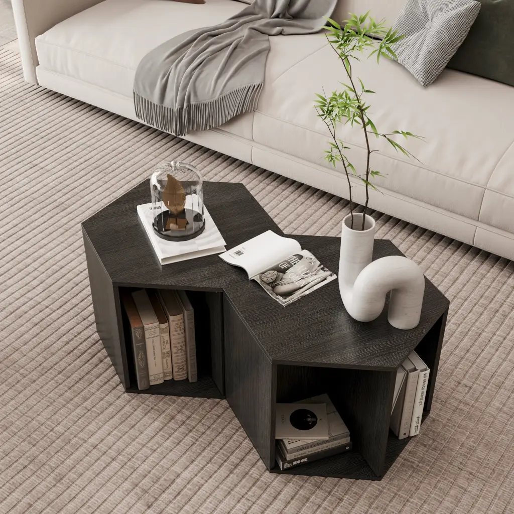 47.24 Inch Hexagonal Coffee Table Side Table Nightstand Burmese Sumac 2 Piece Set spribung
