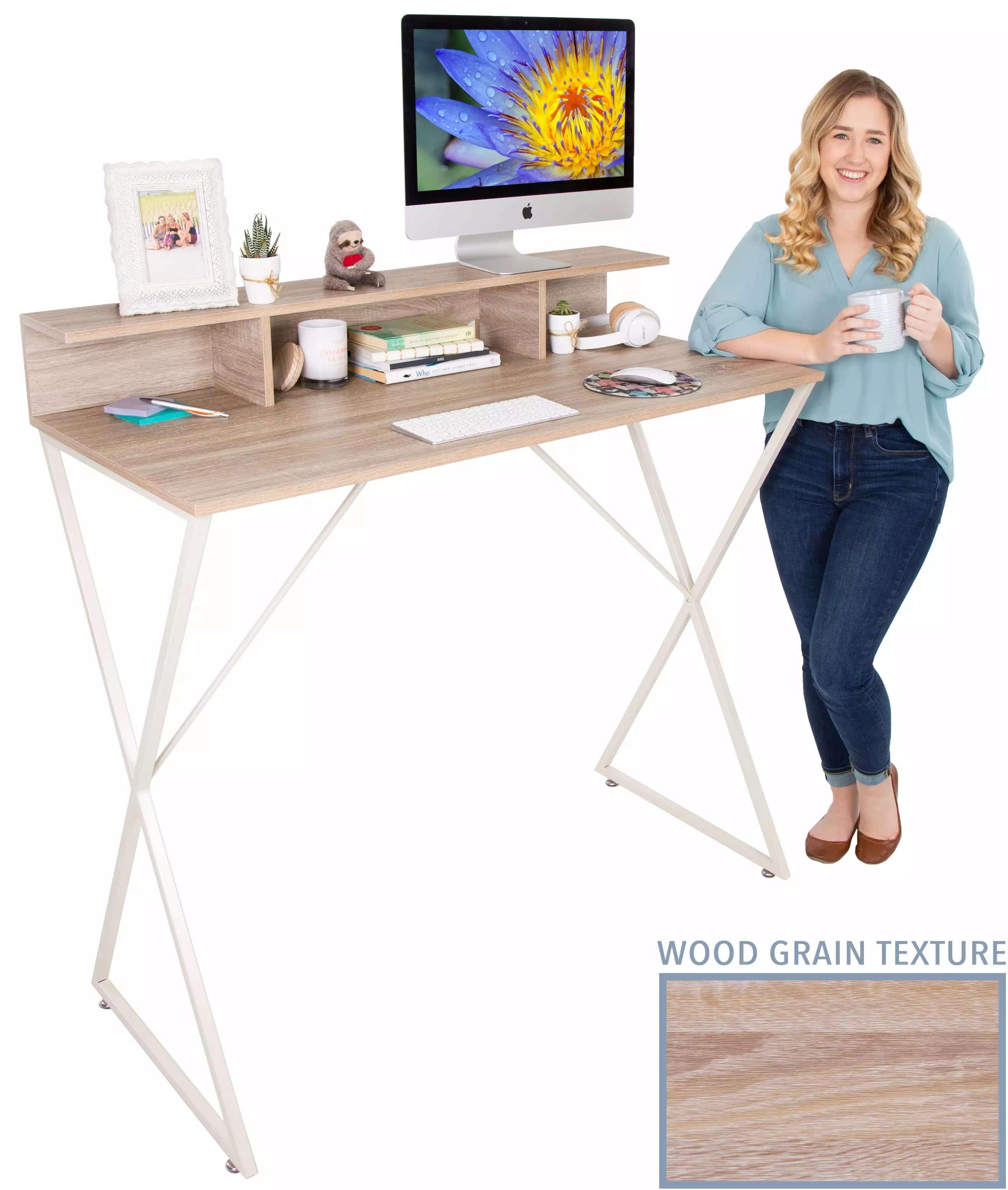 Stand Steady Joy Desk Modern Stand Up Workstation Storage Cubbies 48 x 42 Inch Maple
