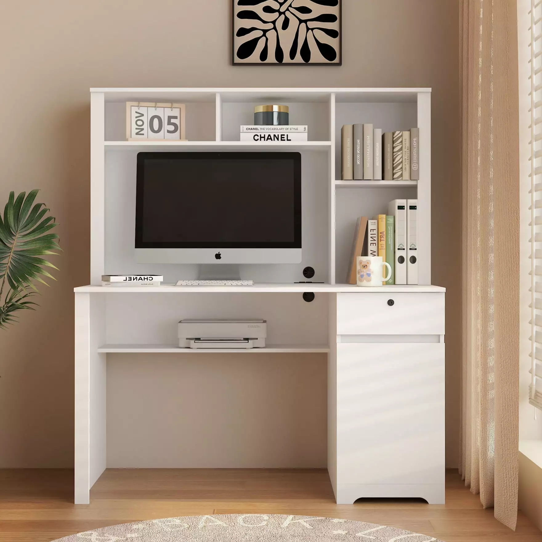 Home Office Desk Charging Station 52 Inch Writing Study Table Storage Cabinet White Triple Tree