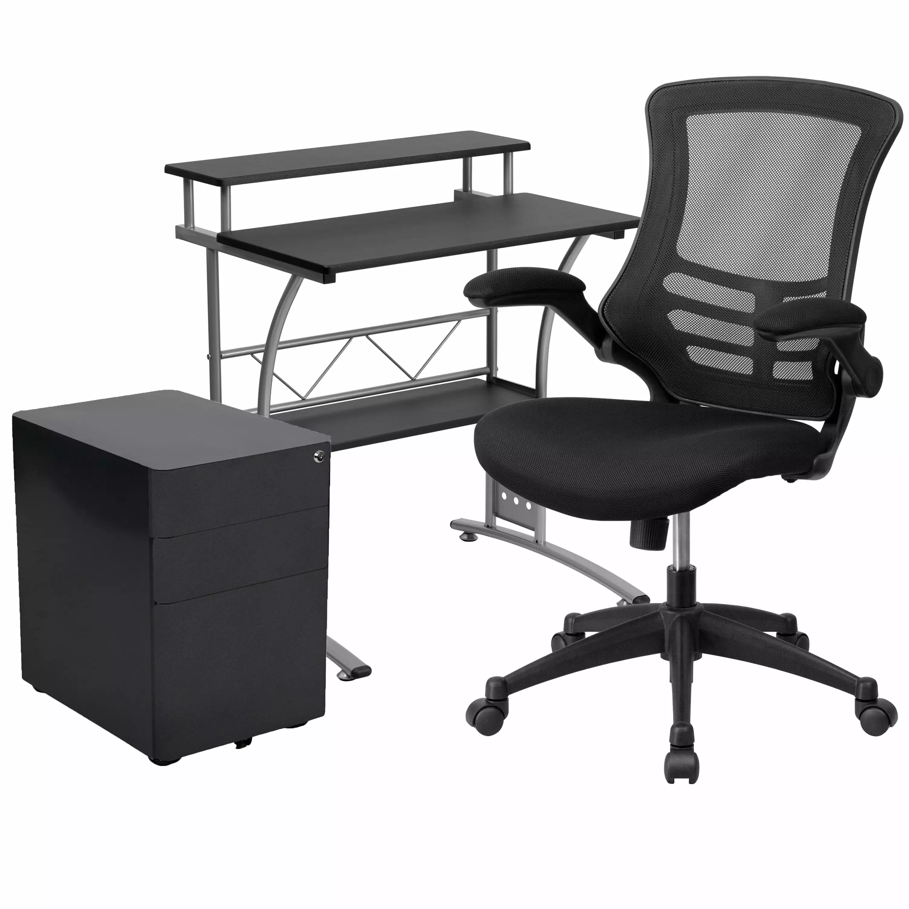 Flash Furniture Calder Work From Home Kit Black Computer Desk Ergonomic Mesh Chair Locking Filing Cabinet