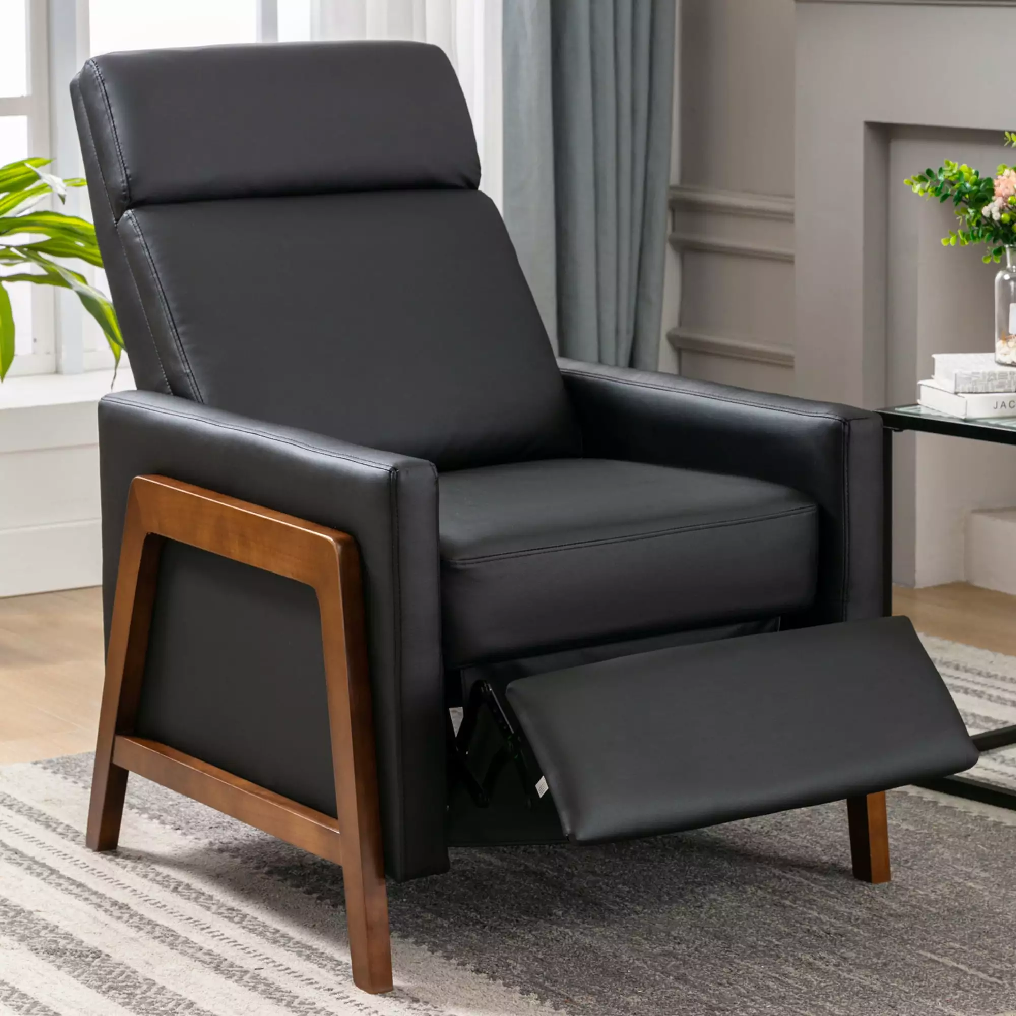 Wood-Framed PU Leather Recliner Chair Adjustable Home Theater Seating Black SSJL