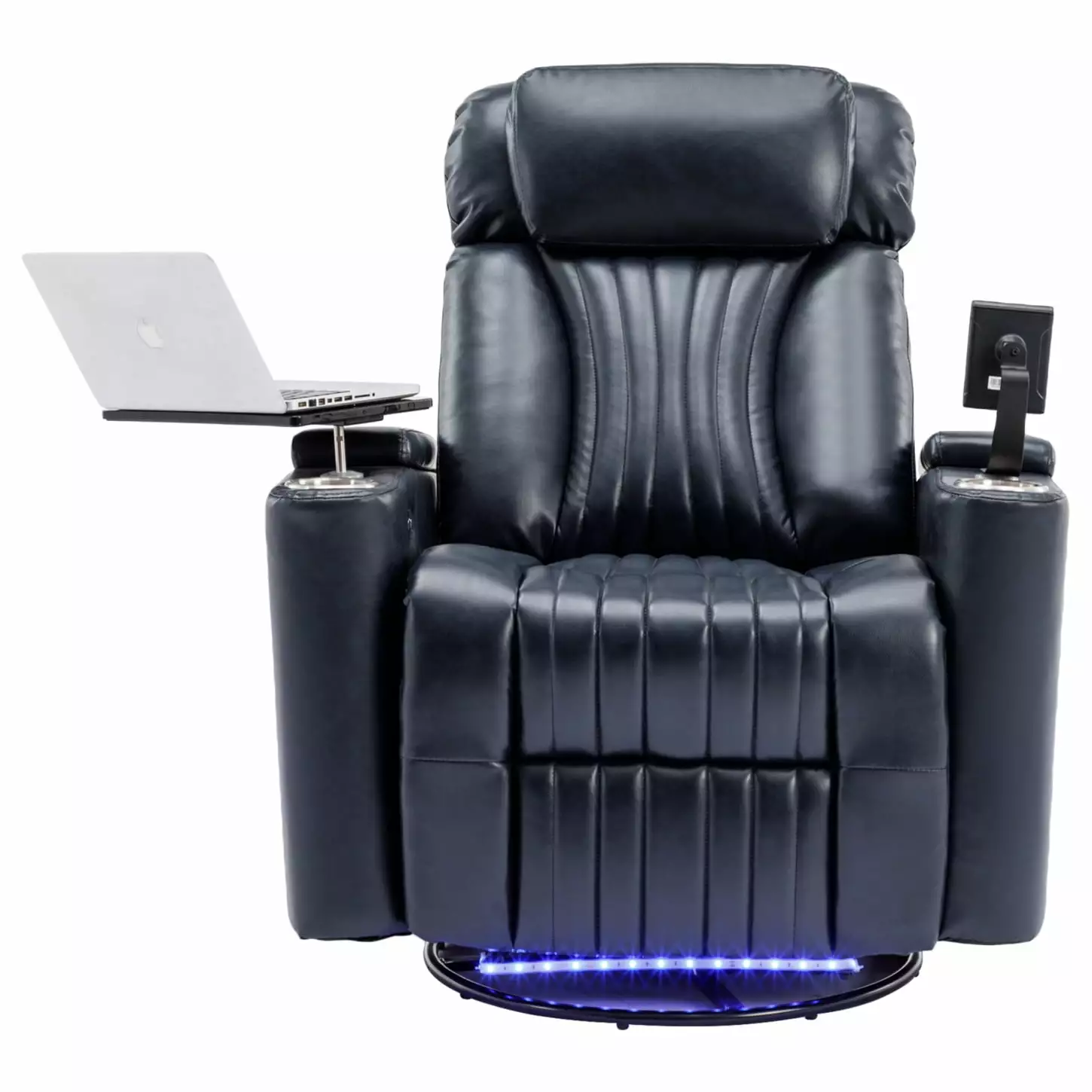 Comfortable Power Swivel Blue Recliner 270° - PU Leather Home Theater Seating LED Lights and Cup Holder HATNOKIL