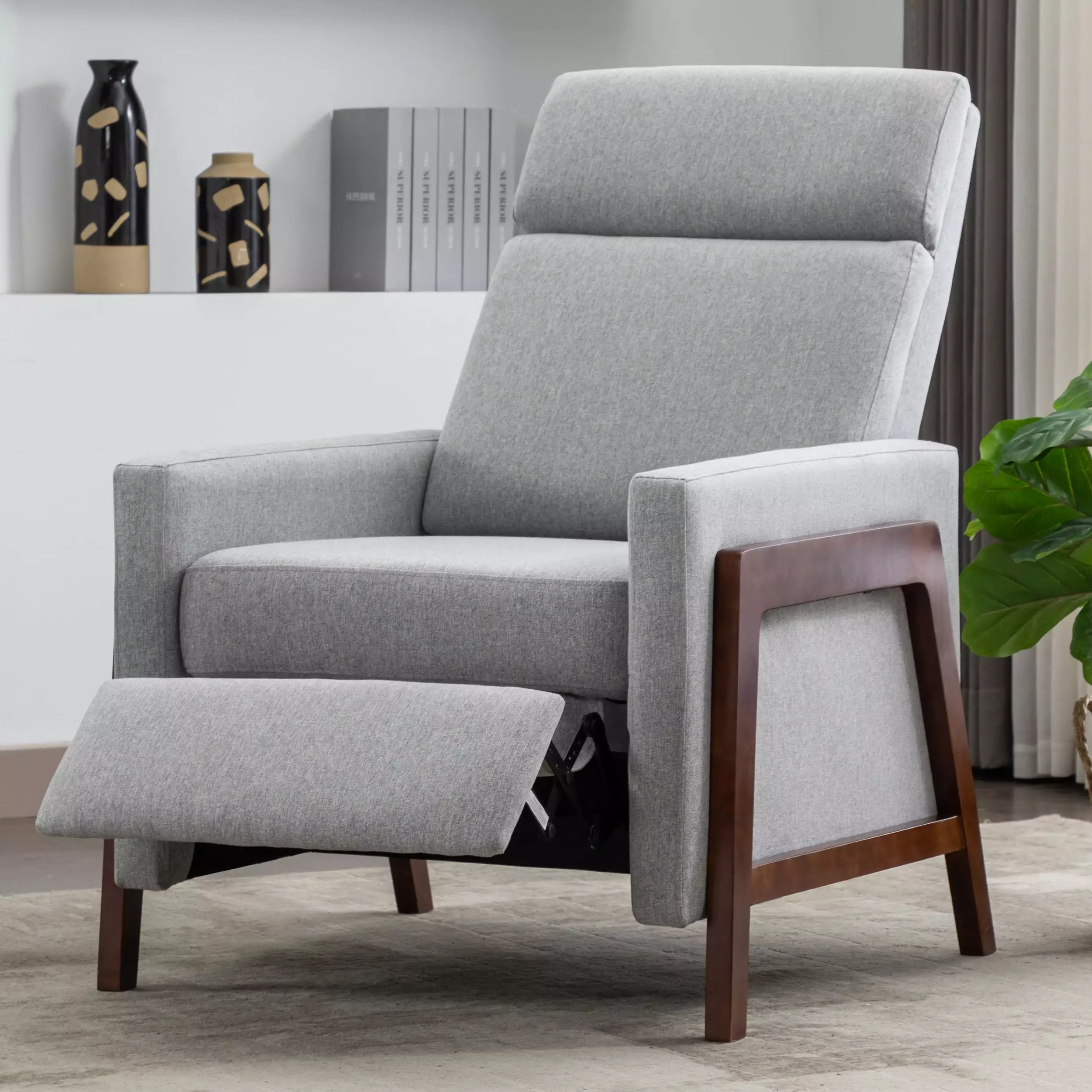 Wood-Framed Upholstered Recliner Chair Adjustable Home Theater Seating Gray Jamini