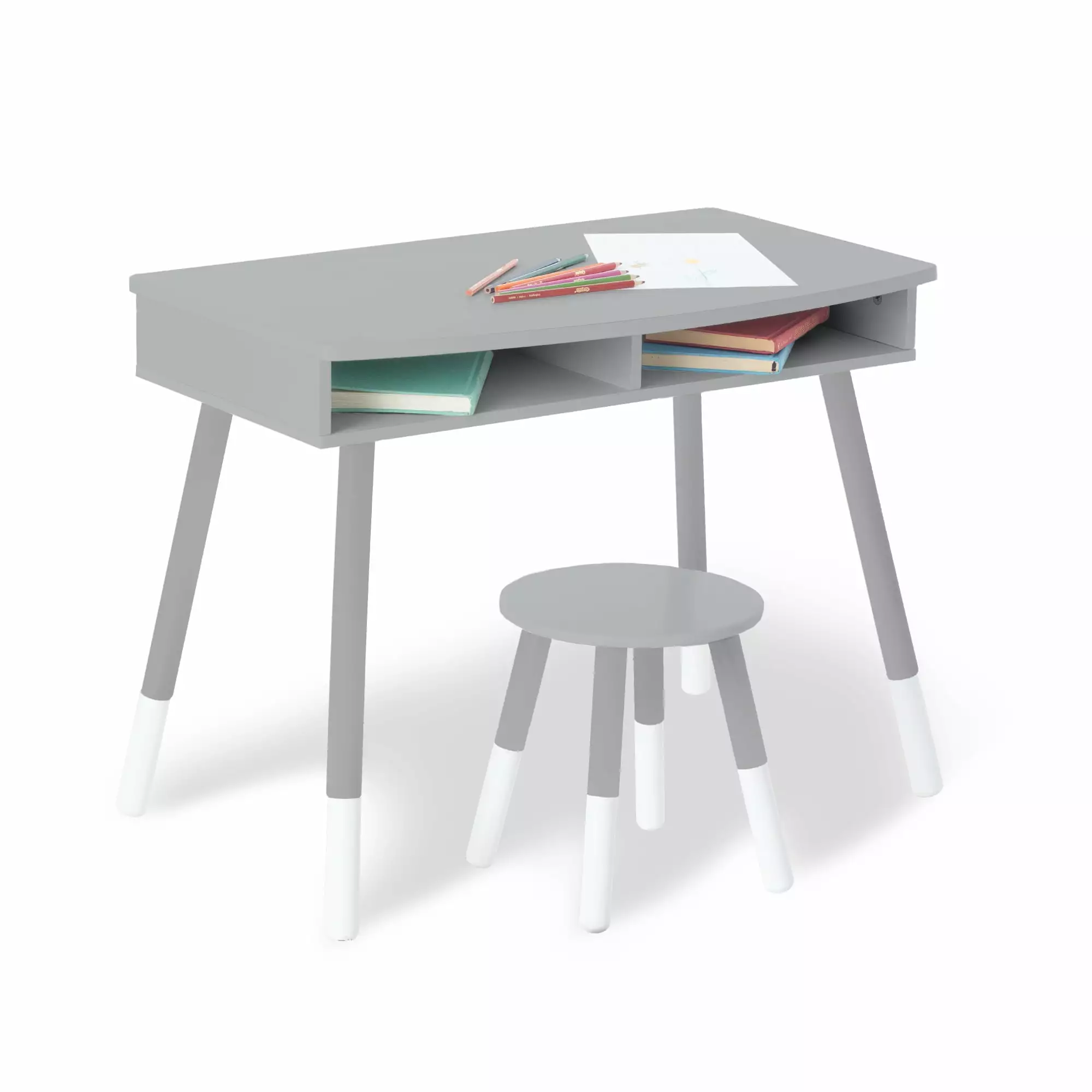 Premium Homework Desk and Stool Set - Gray White Finish - Kids Study Table Seat Wildkin