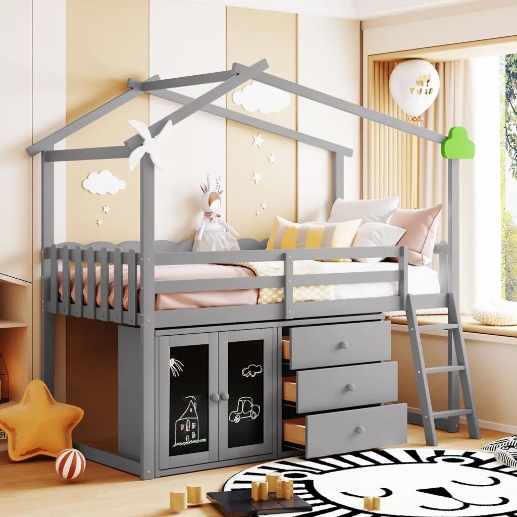 Twin Size House Bed Cabinet And Drawers Gray Plywood Kids lucky furniture