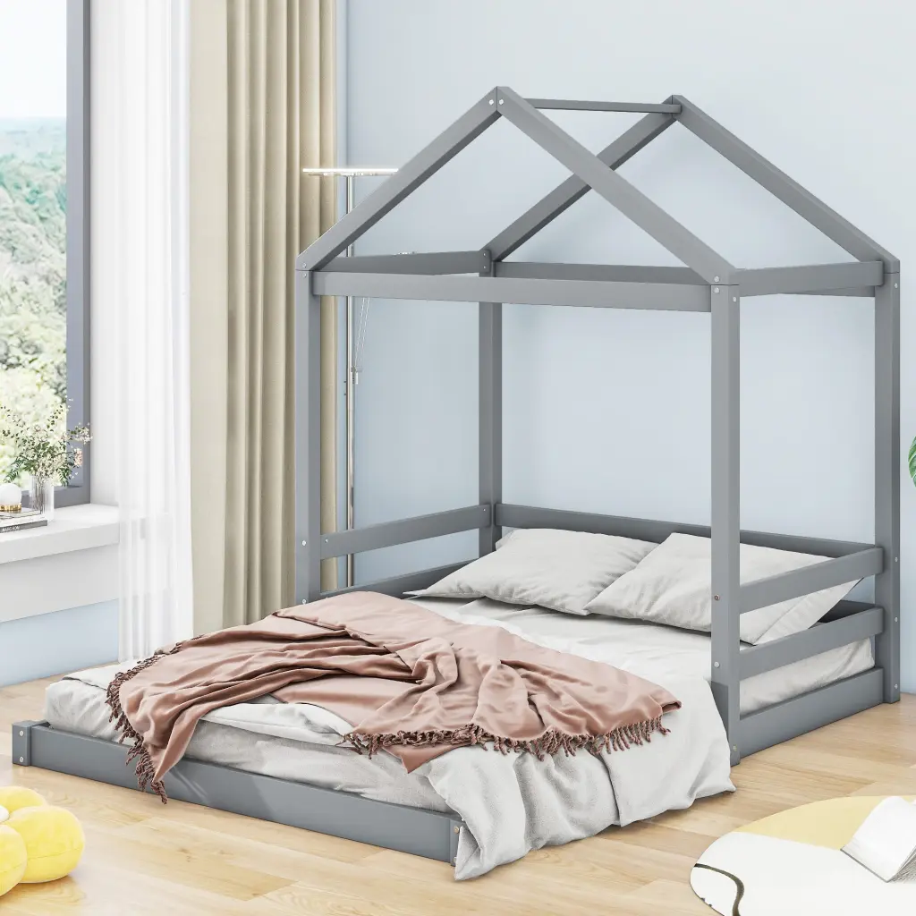 Wood Full Size House Bed Guardrail Grey Box Spring Not Required wm store