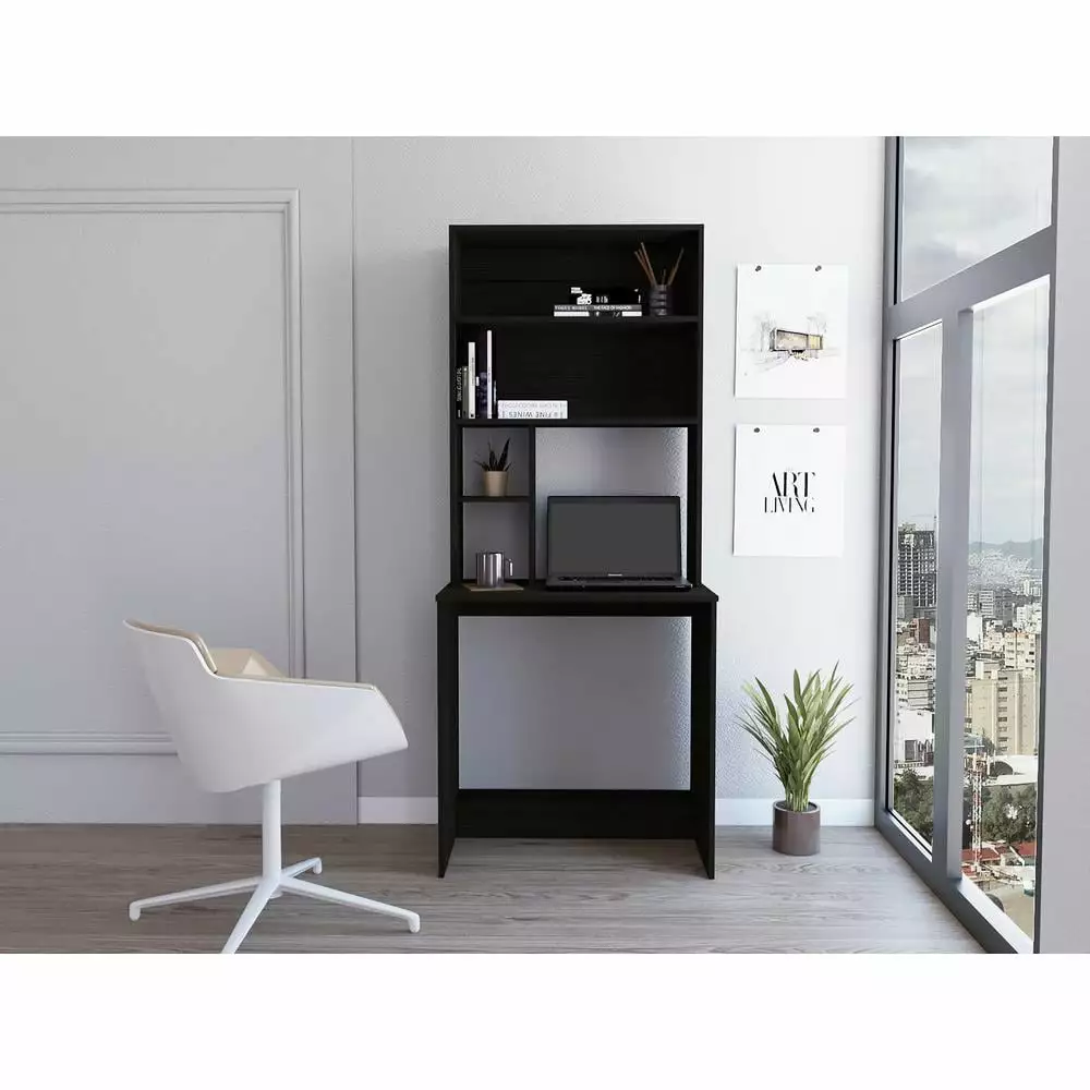 Depot E-Shop Xalo Computer Hutch Desk 5 Open Shelves Black Depot Eshop