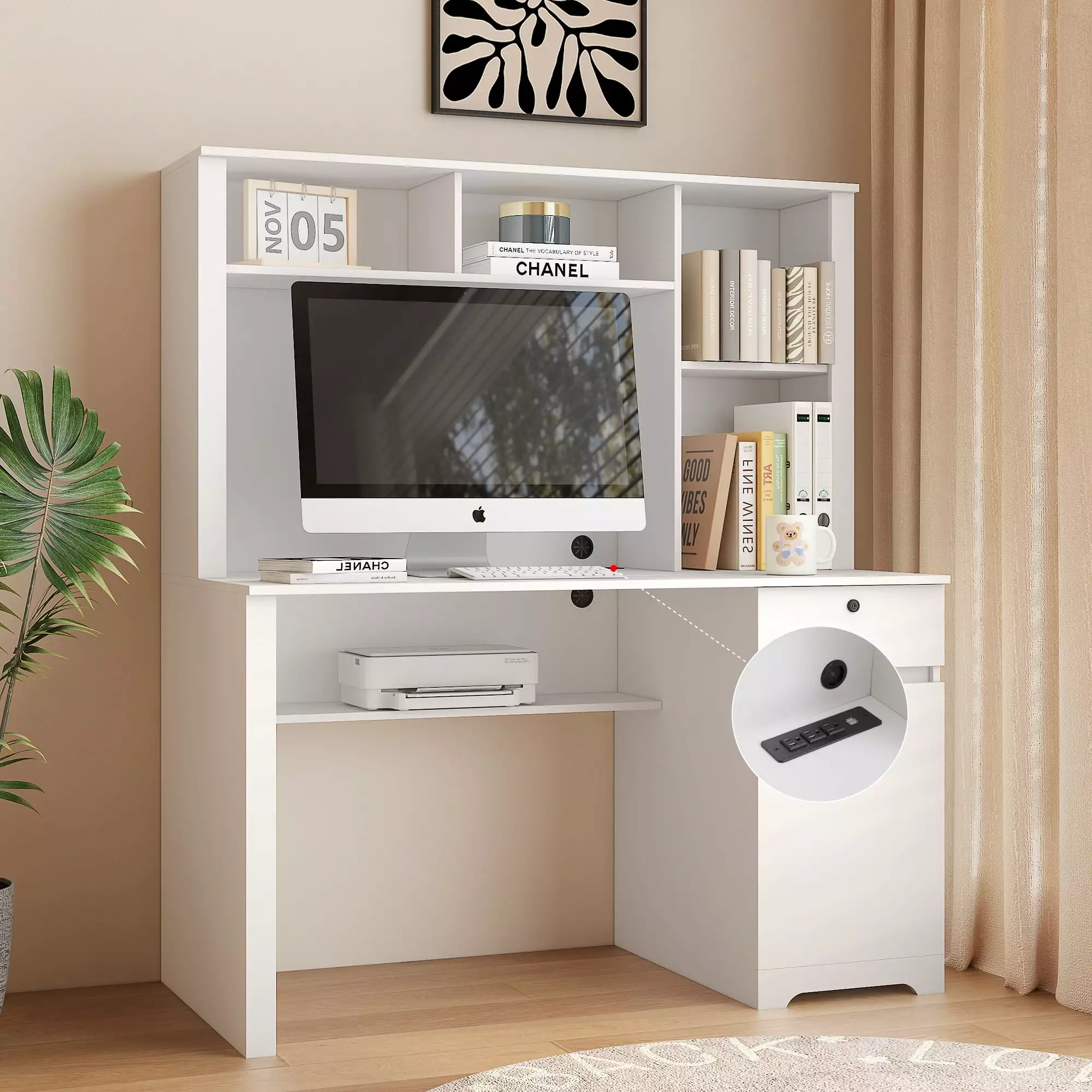 ETEPON Hutch Computer Desk Shelves and Drawers Wooden Home Office Laptop Desk 3 AC Outlets and 2 USB Charging Ports White