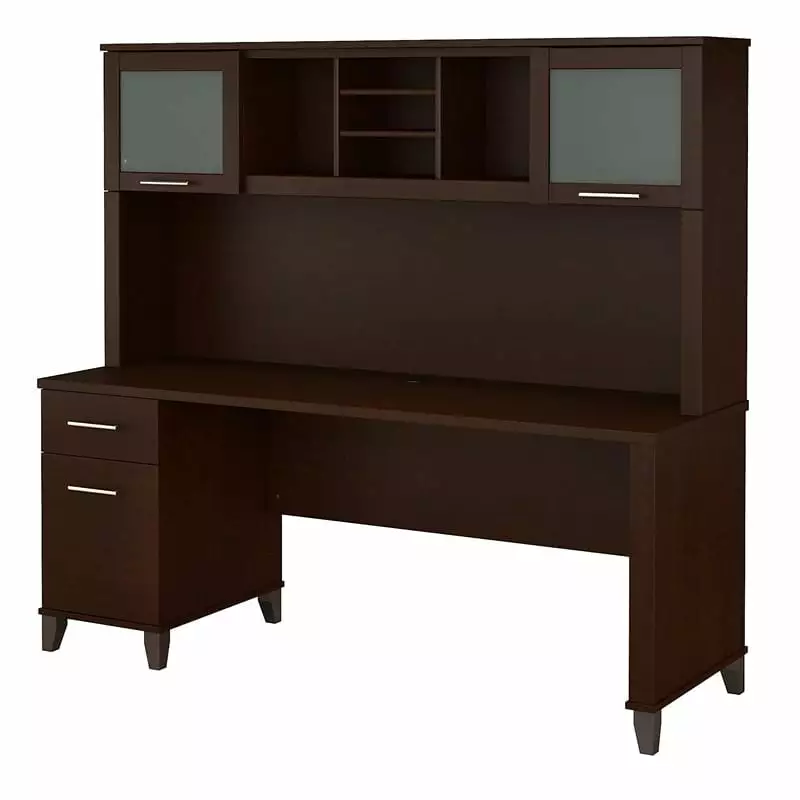 Kingfisher Lane 72W Wood Office Desk Hutch Mocha Cherry Finish