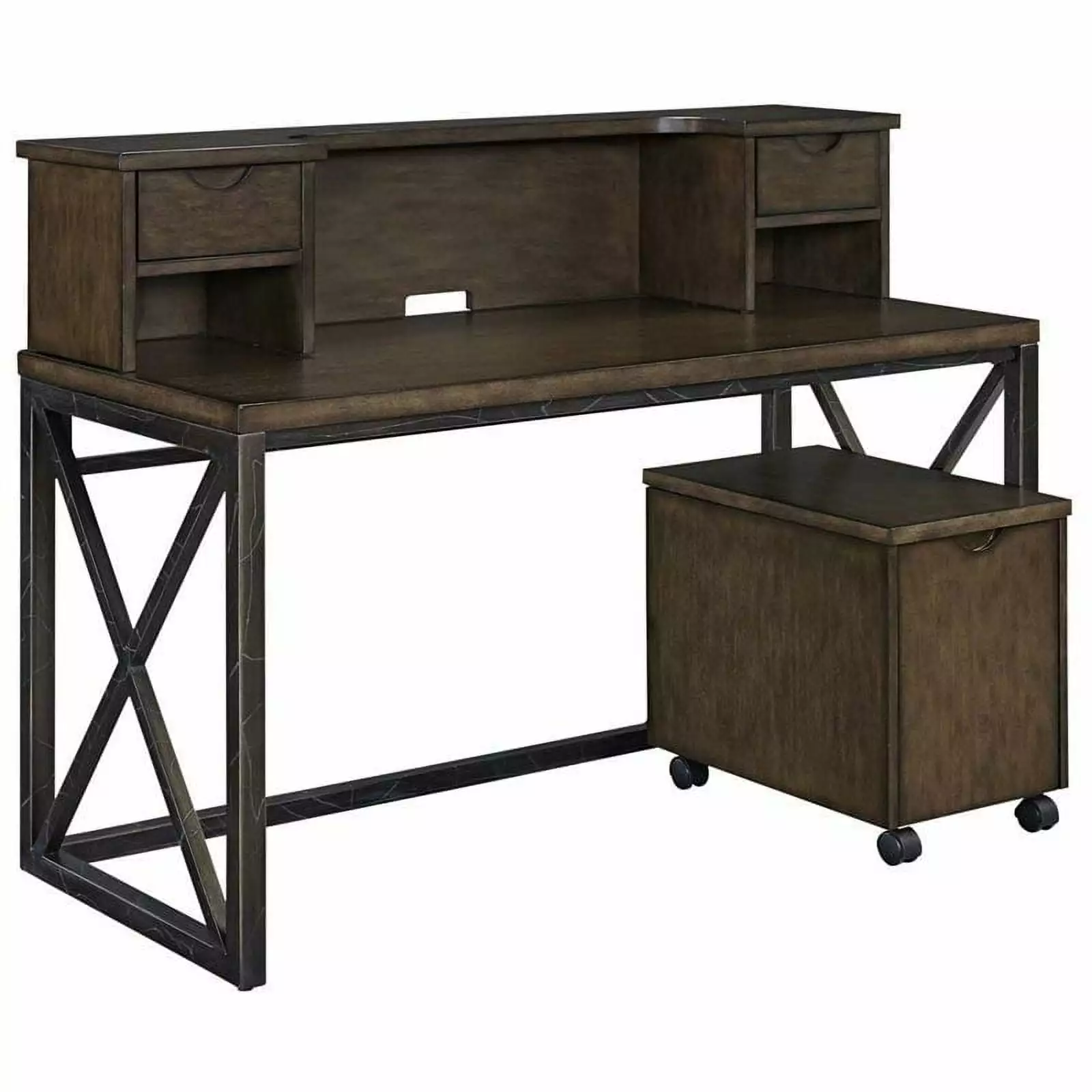 Pemberly Row Wood Desk Hutch and File Cabinet Brown Finish