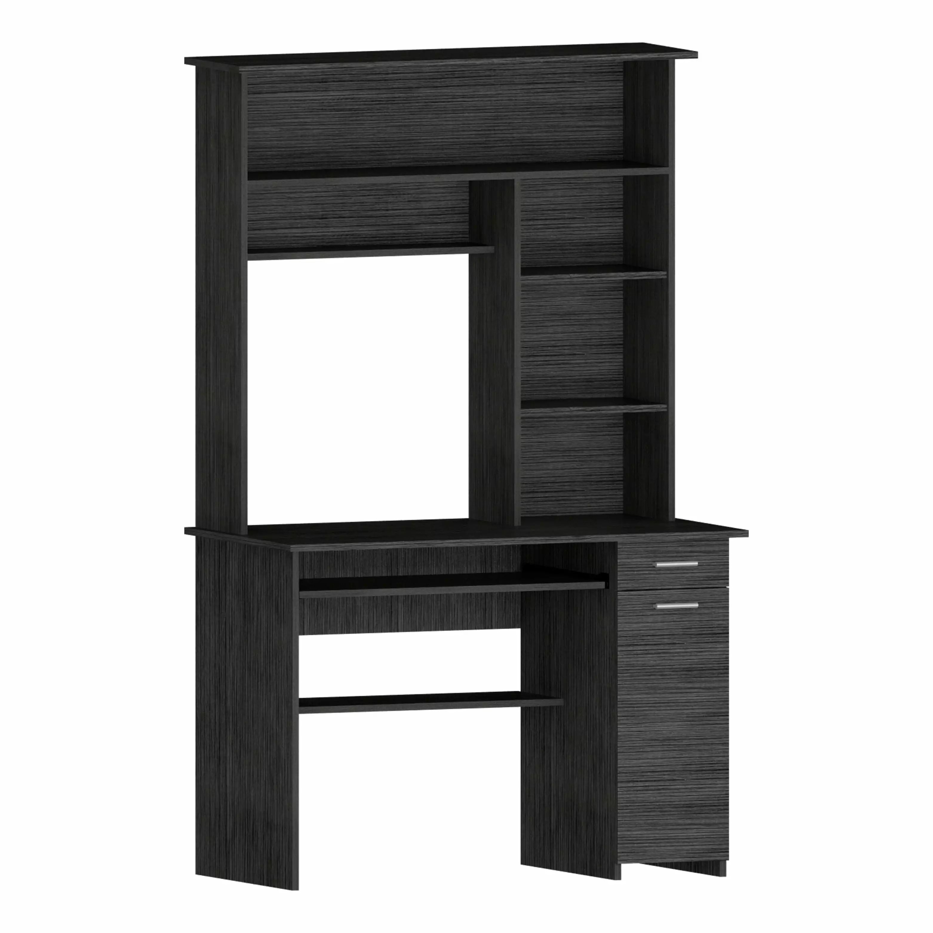 Compu 180 Hutch Desk Multiple Shelves Retractable Keyboard Tray CPU Door Panel One Drawer Grey Oak - Functional Office Des...