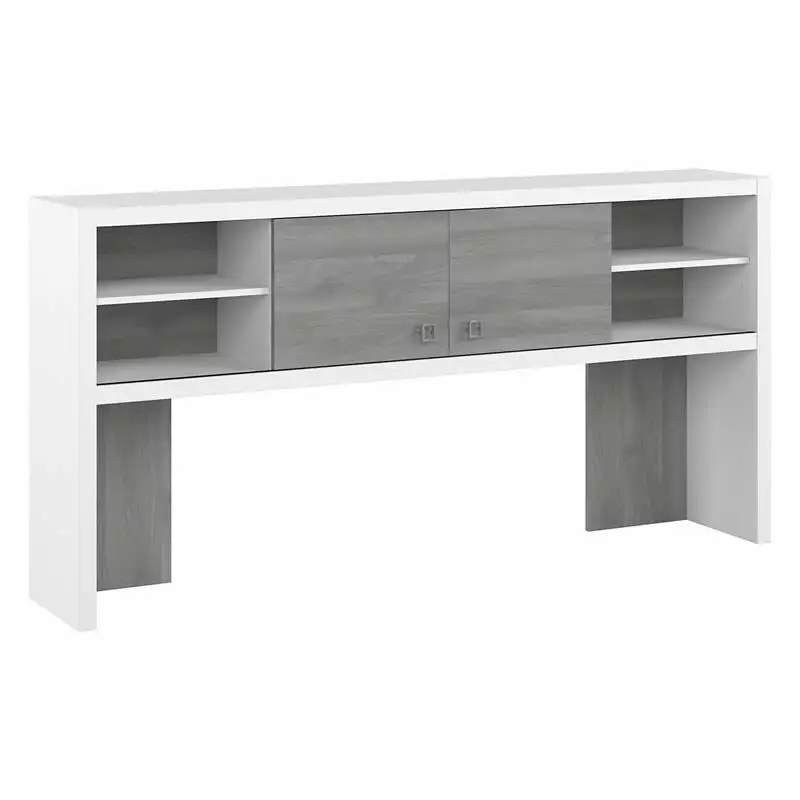 Pemberly Row 72W Desk Hutch Pure White and Modern Gray, Engineered Wood Home Office Storage Solution