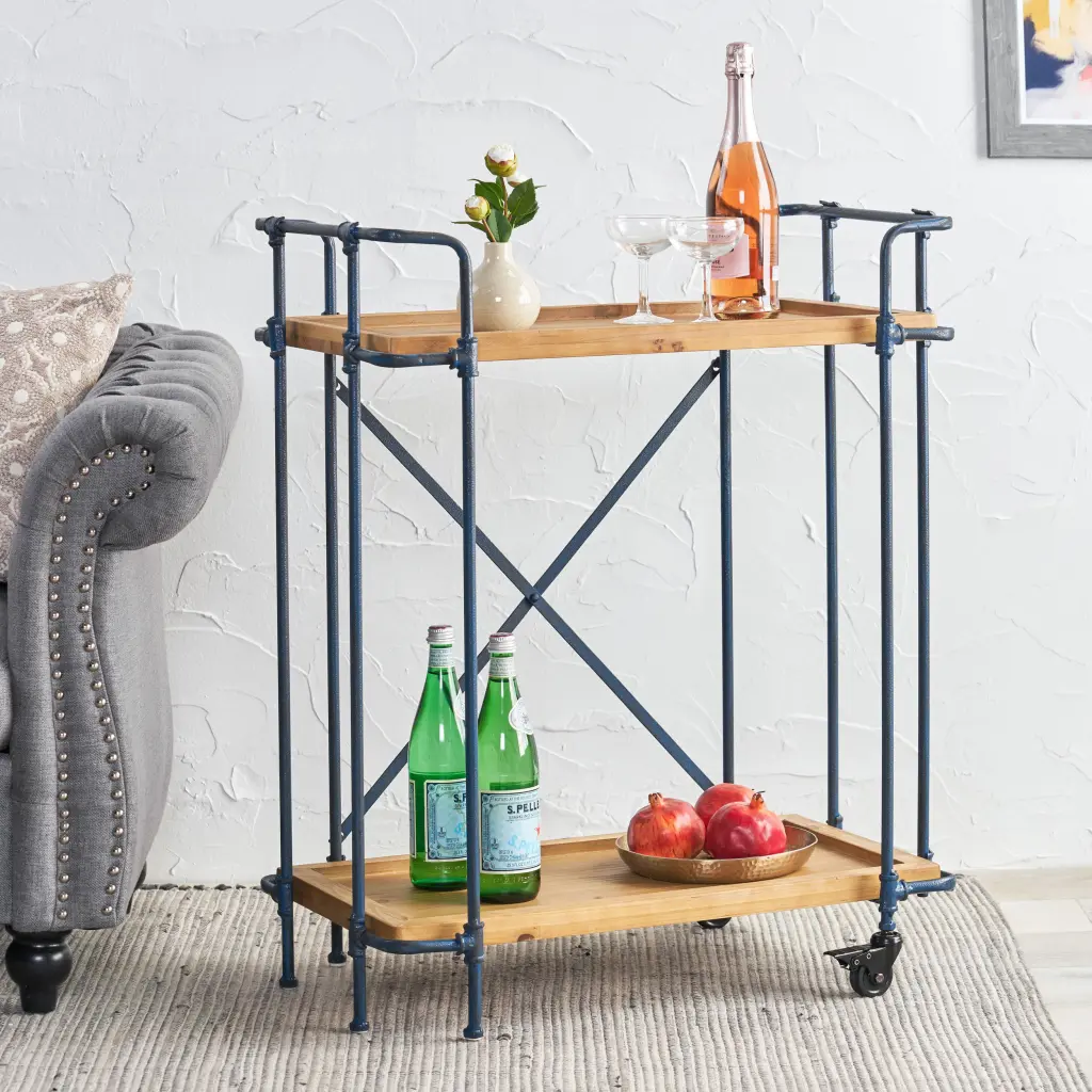 Eden Plumbers Pipe Bar Cart Blue Brown Wood Metal Rolling Cart nh-cloudhouse