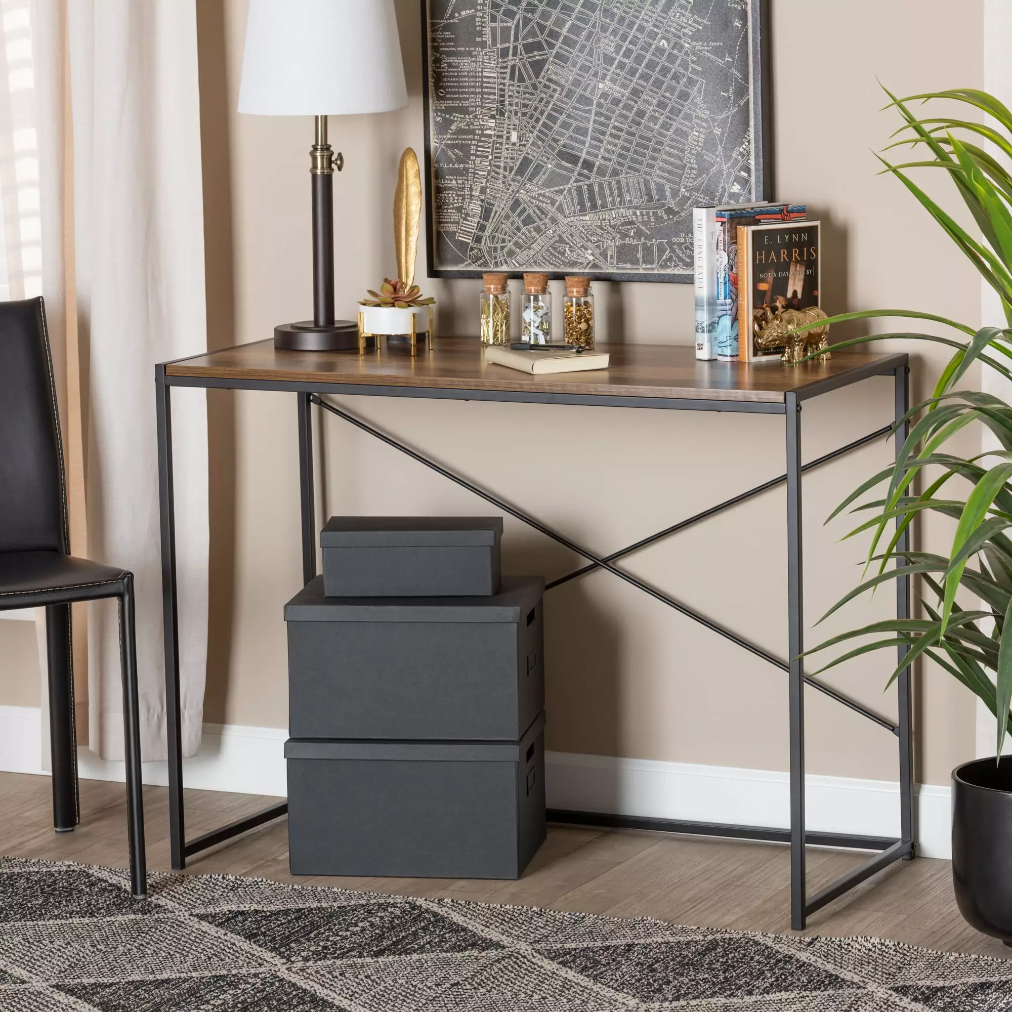 Baxton Studio Pauric Modern Industrial Walnut Brown Wood and Black Metal Desk