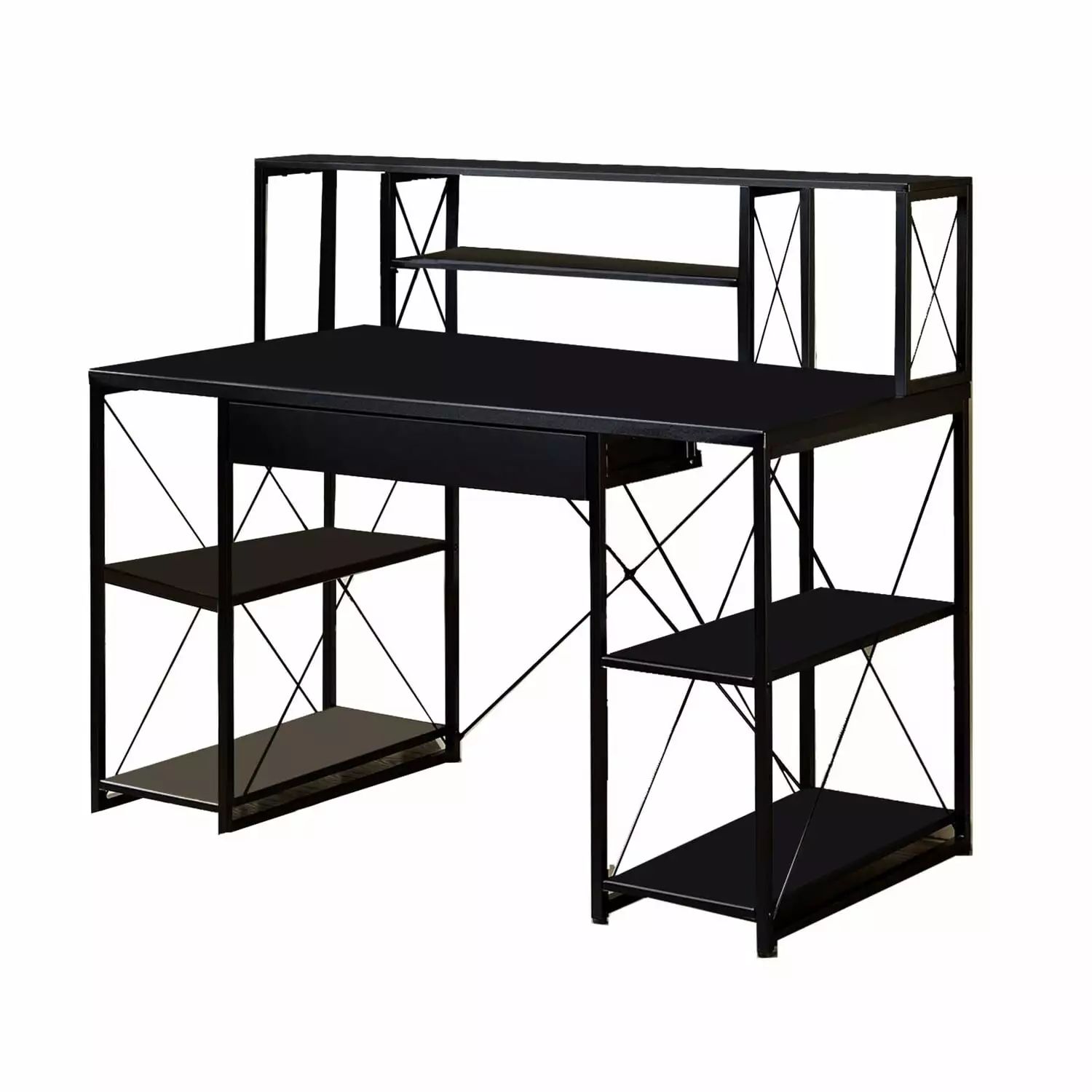 Benjara Industrial Style Desk 4 Open Shelves and Bookcase Hutch White and Black Office Desk Convenience Concepts