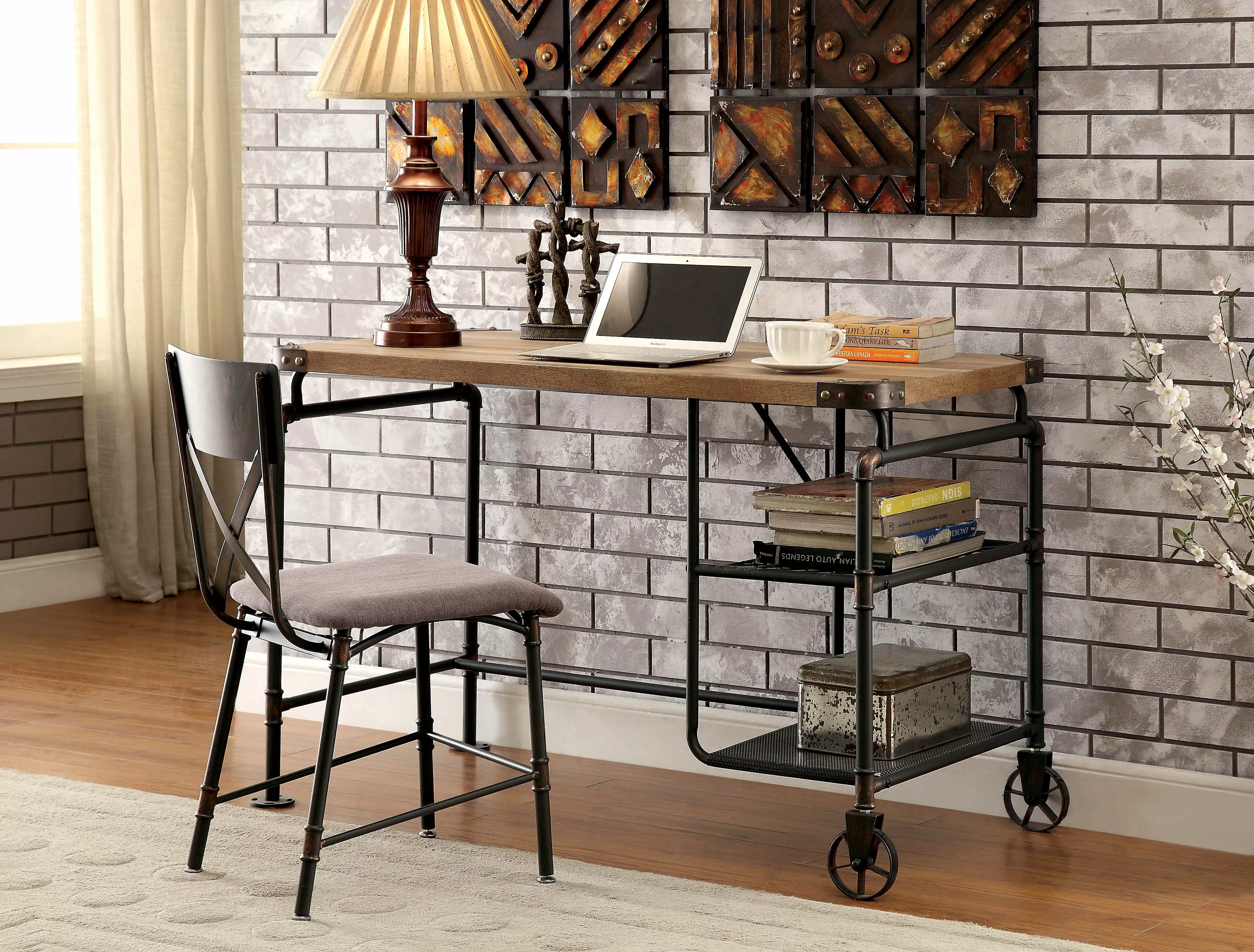 Furniture America Arias Industrial Metal Desk Antique Black Casters