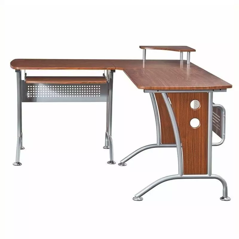 Kingfisher Lane Wood and Metal L-Shaped Computer Desk Mahogany - Industrial Style Home Office Desk