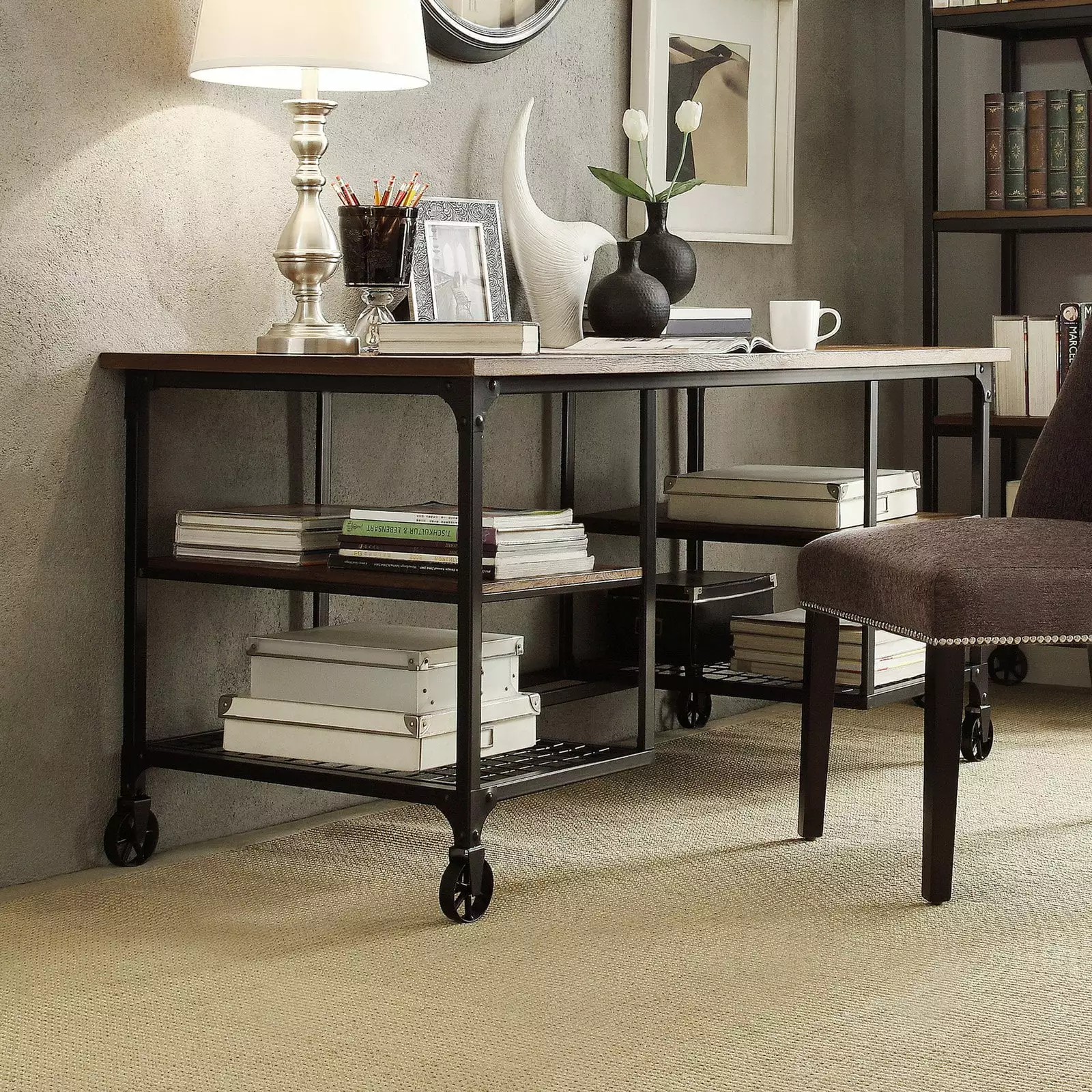 Weston Home Avery Industrial Wood and Metal Writing Desk Weathered Brown and Black Finish