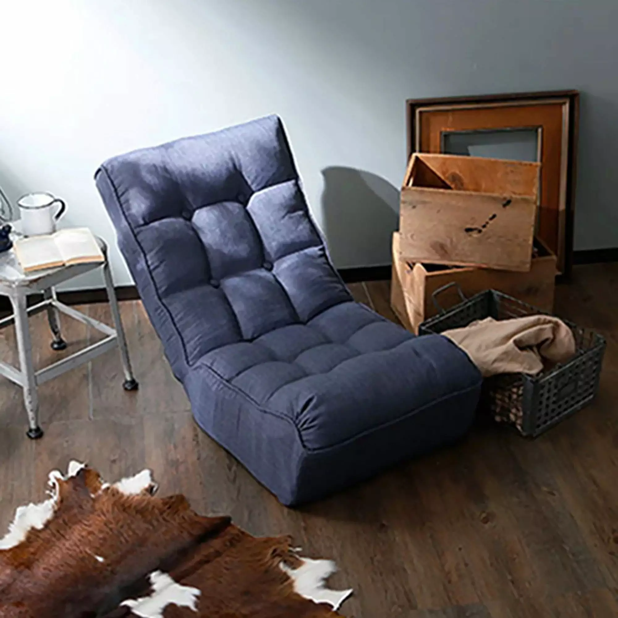 Living Pavilion Single Sofa Reclining Chair Japanese Chair Lazy Sofa Tatami Balcony Adjustable Recliner Chair Navy