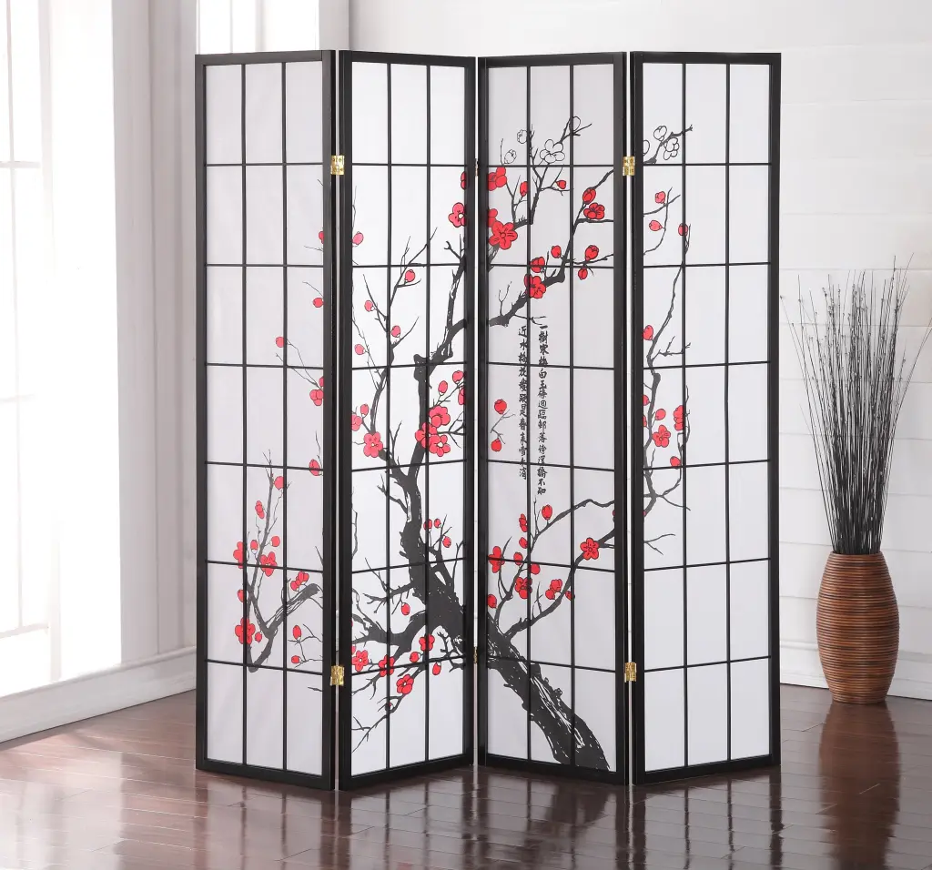 Black Japanese 4 Panel Screen Room Divider Plum Blossom Black Wood Partition hz