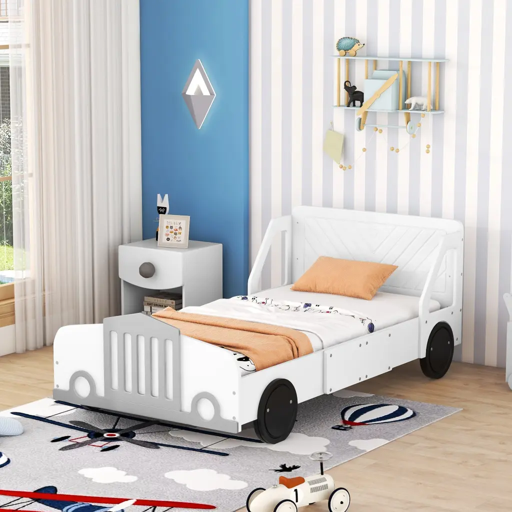 Twin Size Car Influenced Platform Bed Wheels White Plywood lucky furniture