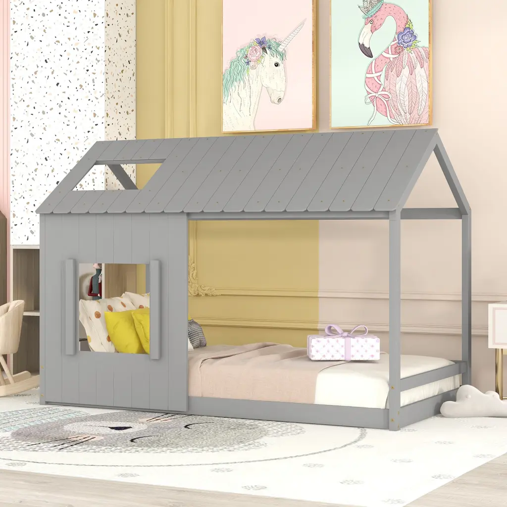 Twin Size House Bed Roof and Window Gray MDF Kids Bed lucky furniture