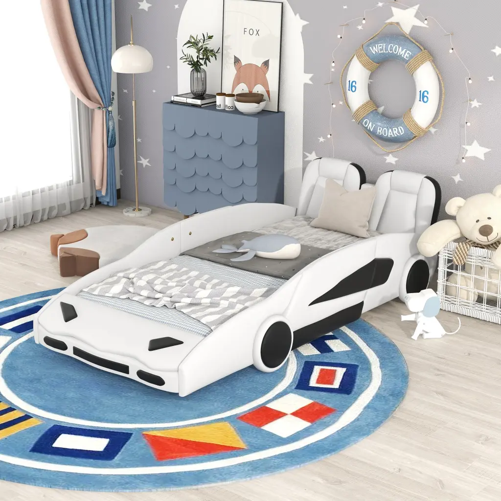Twin Size Race Car Platform Bed Wheels White Pine wm store