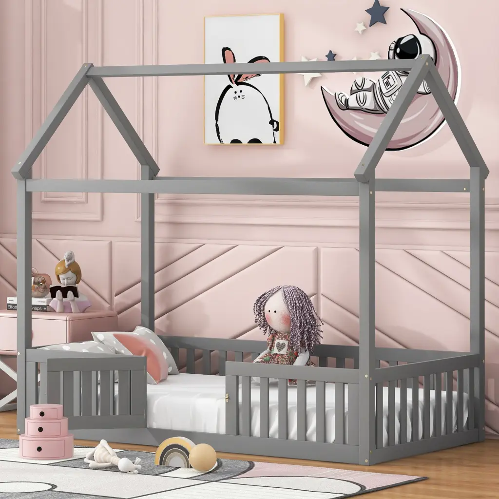 Twin Size Wood Houtilize Bed Fence And Door Gray Old Style wm store