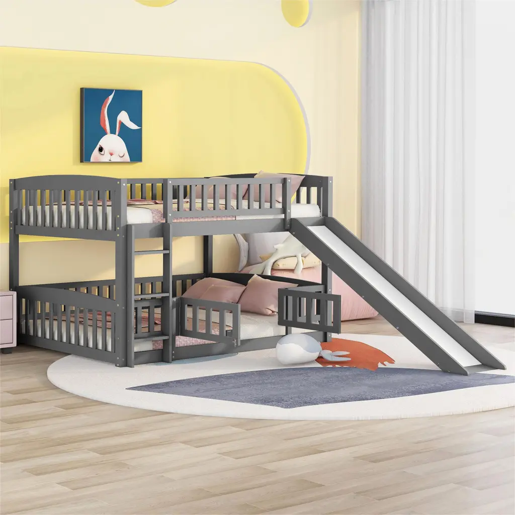 Full Over Full Low Bunk Bed Slide Safety Fence and Ladder Kids Room lucky furniture