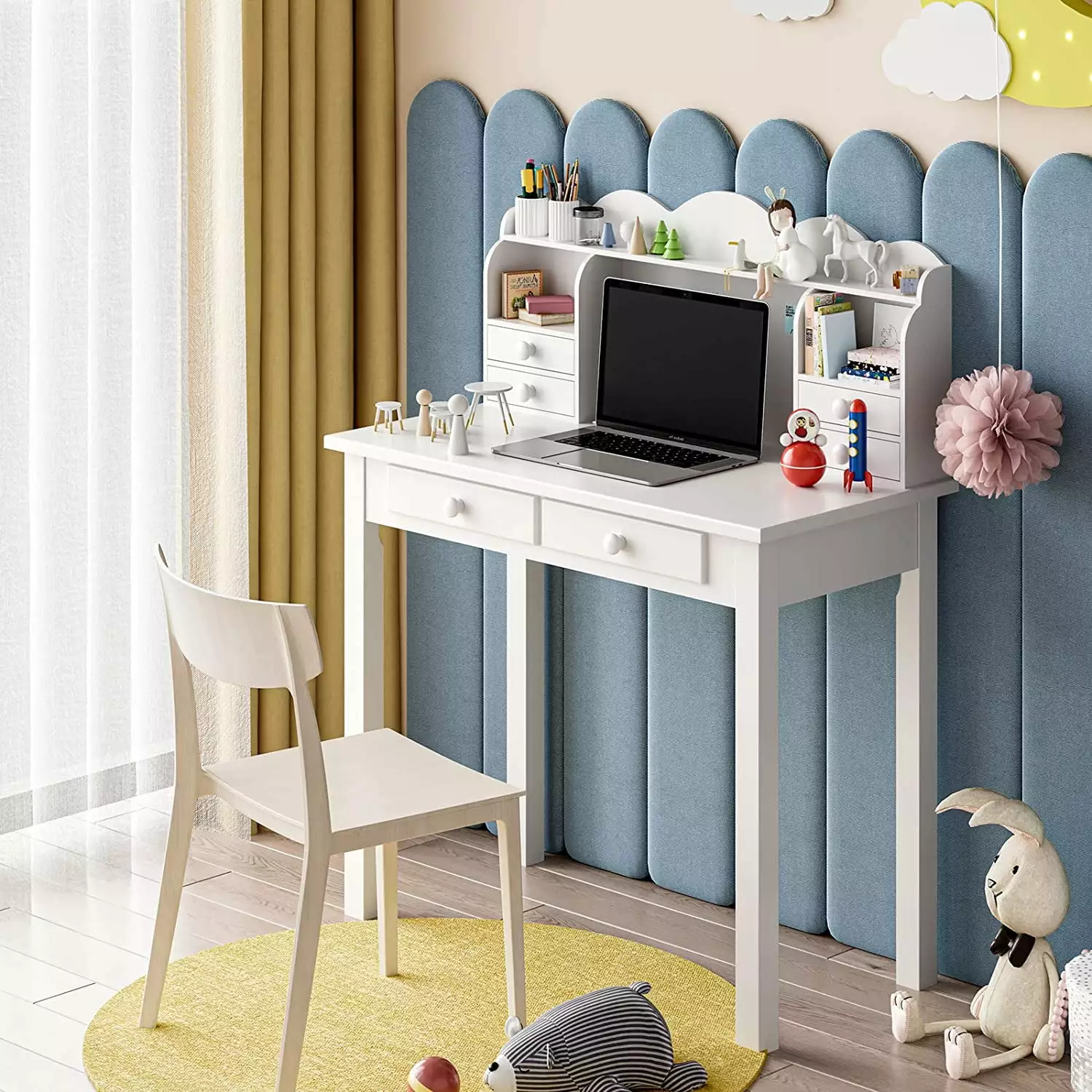 White Writing Desk Hutch and USB Ports Study Table Kids and Students DICTAC