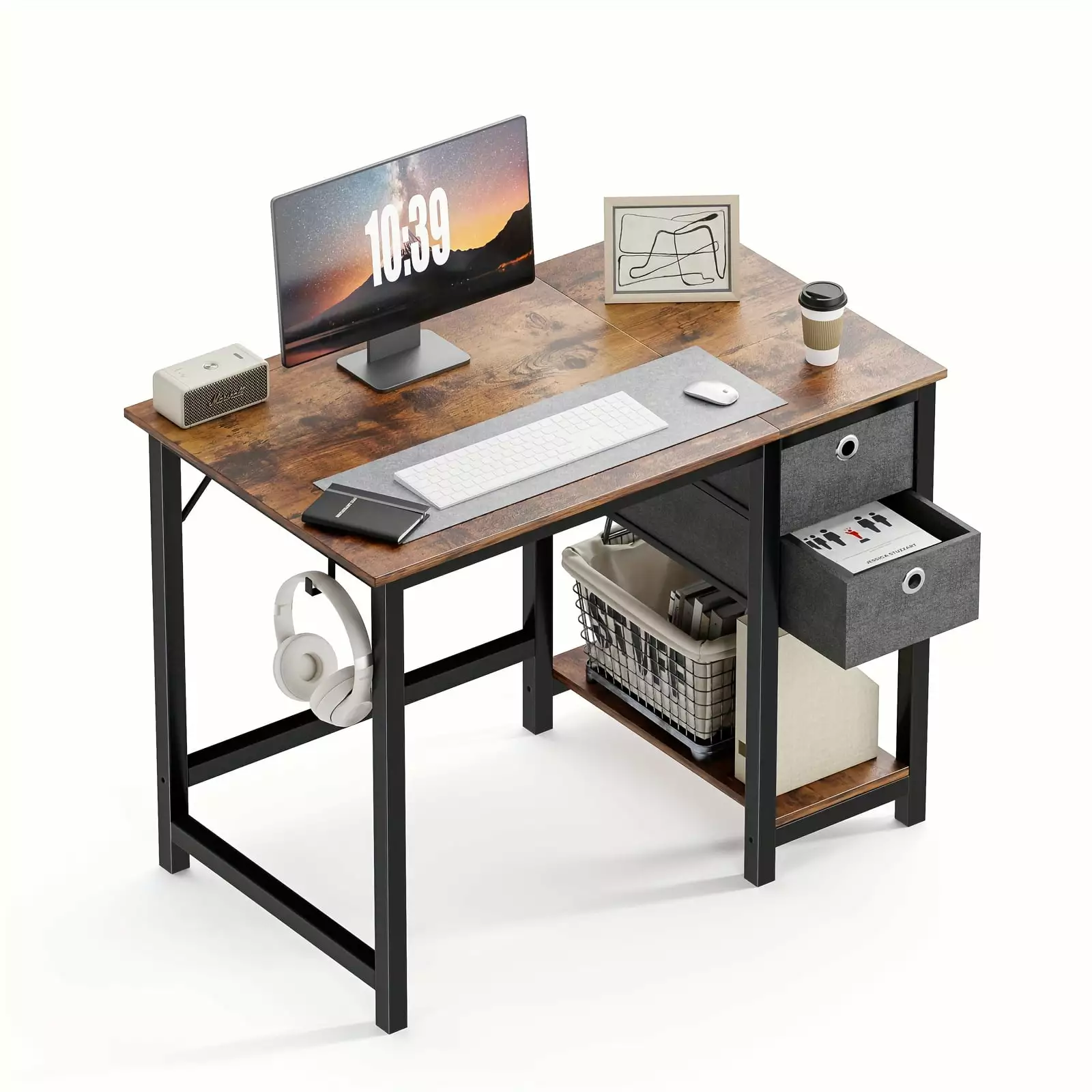 Small Computer Desk Drawers 40 Inch Office Writing Work Kids Study 2-Tier Wood Corner Table Storage Drawers Shelf Bedroom ...