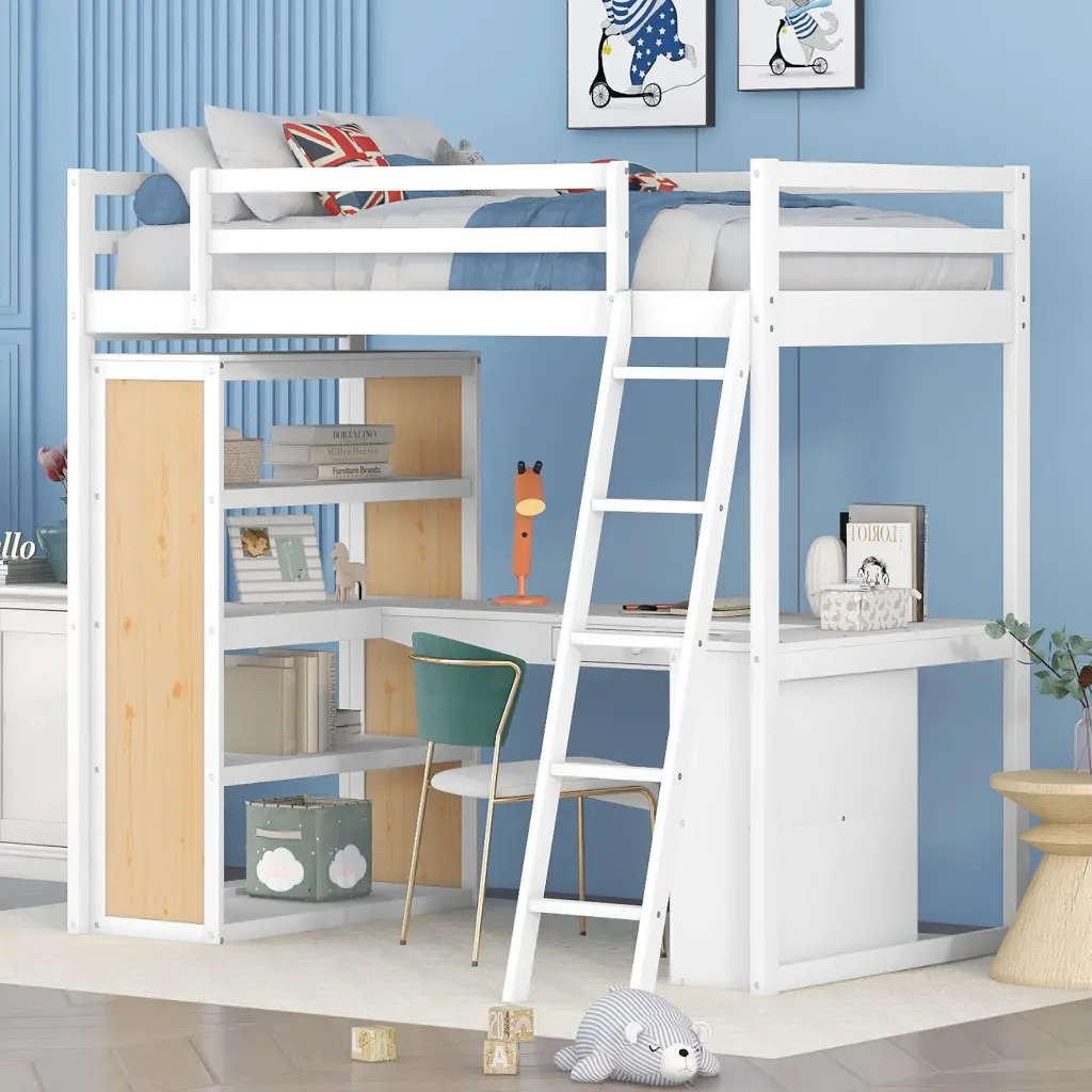 Twin Size Loft Bed Ladder Shelves and Desk White lucky furniture