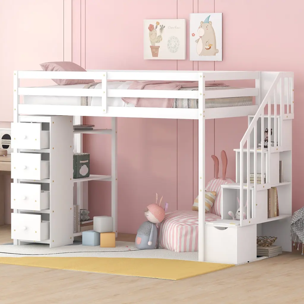 Twin Size Loft Bed Storage Drawers and Stairs Wooden Loft Bed Kids lucky furniture