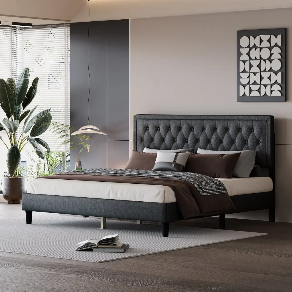 King Size Panel Bed Frame Adjustable Button Tufted Headboard sarkozy
