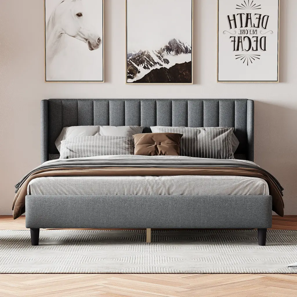 King Size Upholstered Platform Bed Frame Headboard and Mattress Foundation sarkozy