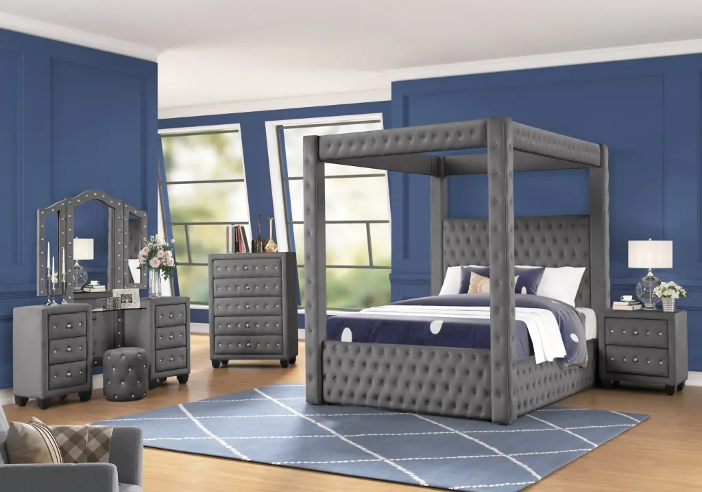 Monica Opulent Four Poster King 5 Pc Vanity Bedroom Set Made Wood galaxy home furnishings