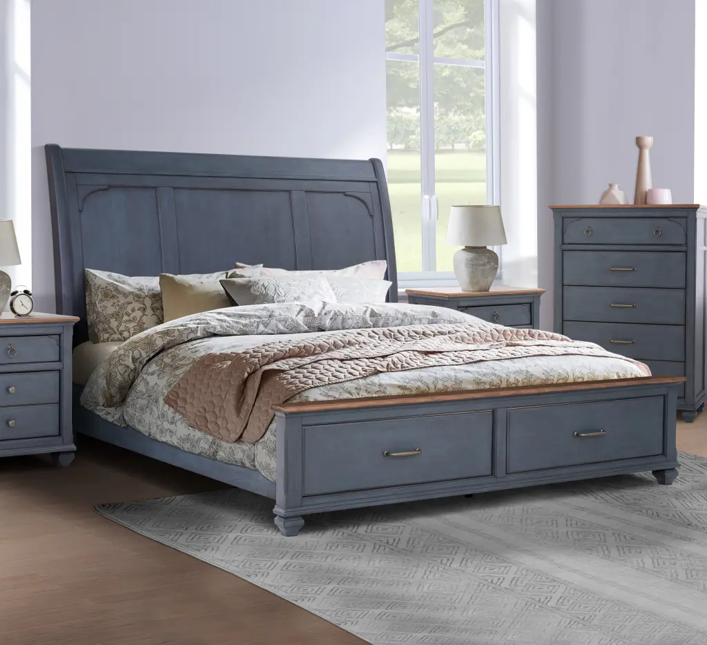 Americana King Size Sleigh Bed Corduroy Blue Finish King Blue Rubberwood Frame bridgevine home