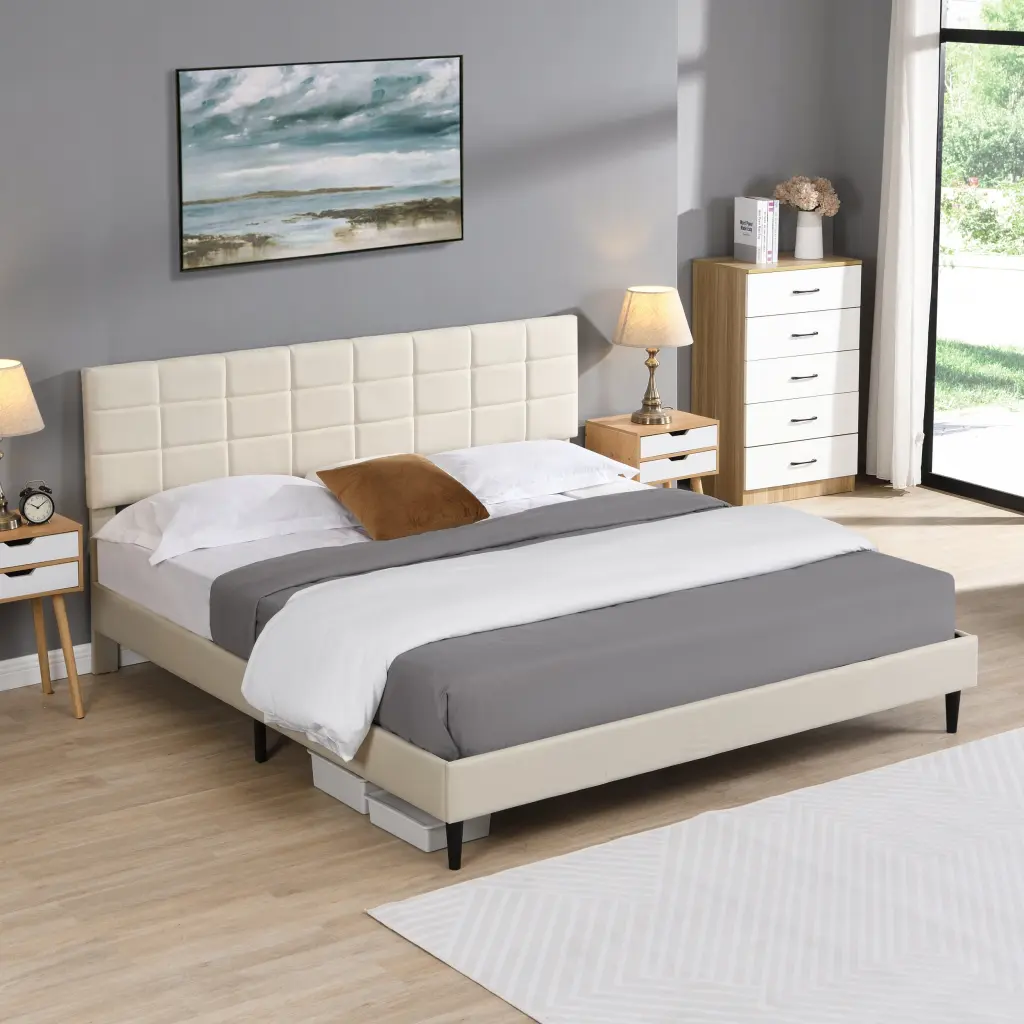 King Size Platform Bed Frame Fabric Upholstered Headboard and Wood flyx furniture