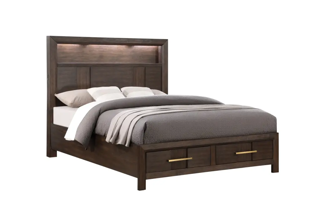 Kenzo Modern Style King Bed Wood Frame & LED Headboard, Includes Bookshelf Design galaxy home furnishings