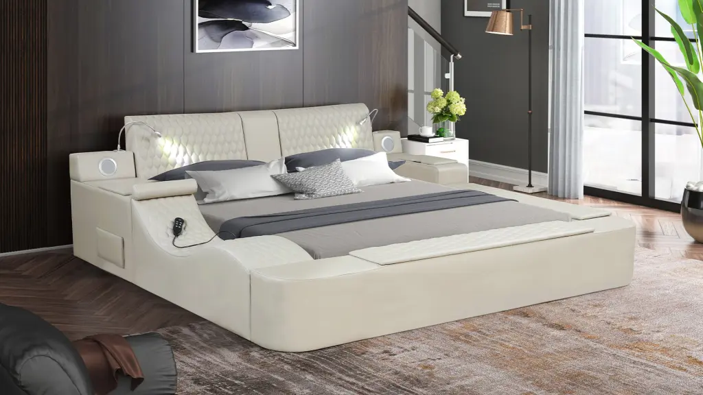 Zoya Intelligent Multifunctional King Size Bed Wood Beige Box Spring galaxy home furnishings
