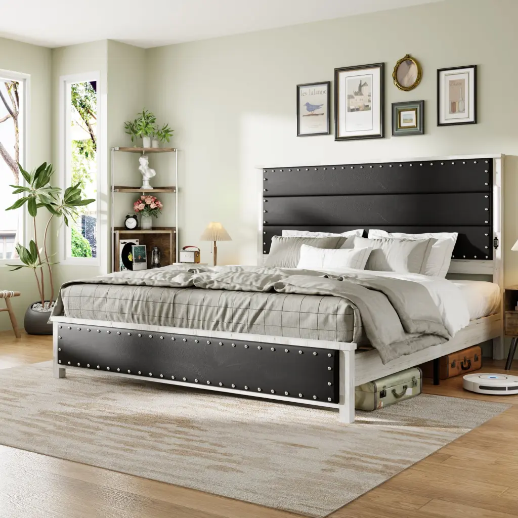 King Size Bed Frame Upholstered Headboard and Chrome Legs jhomier furniture