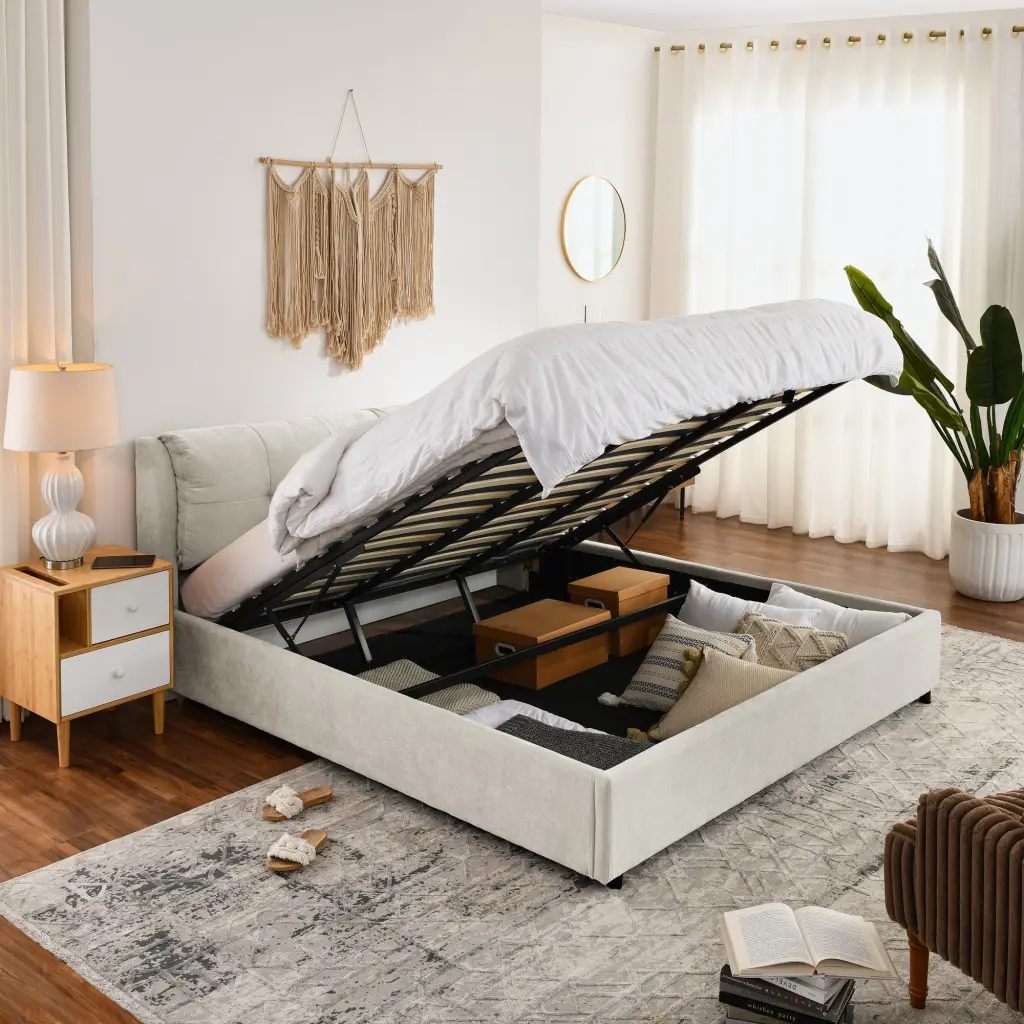 King Size Storage Upholstered Hydraulic Platform Bed Merged Headboard royal star