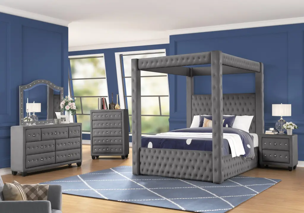 Monica Opulent Four Poster King 5 Piece Bedroom Set Wood galaxy home furnishings