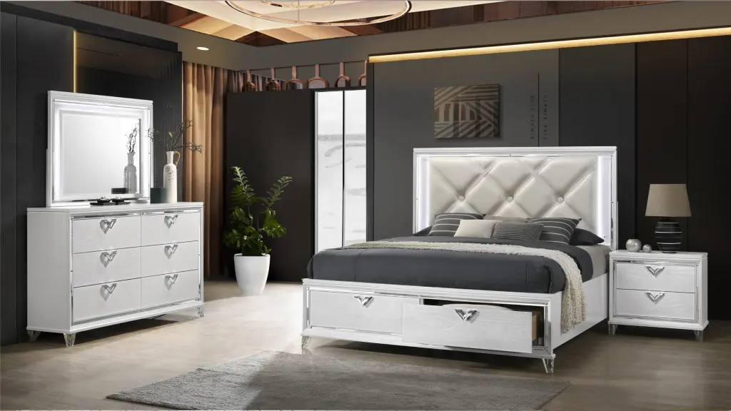 Prism Modern King 4Pc Bedroom Set LED Accents & V-Influenced Headboard galaxy home furnishings